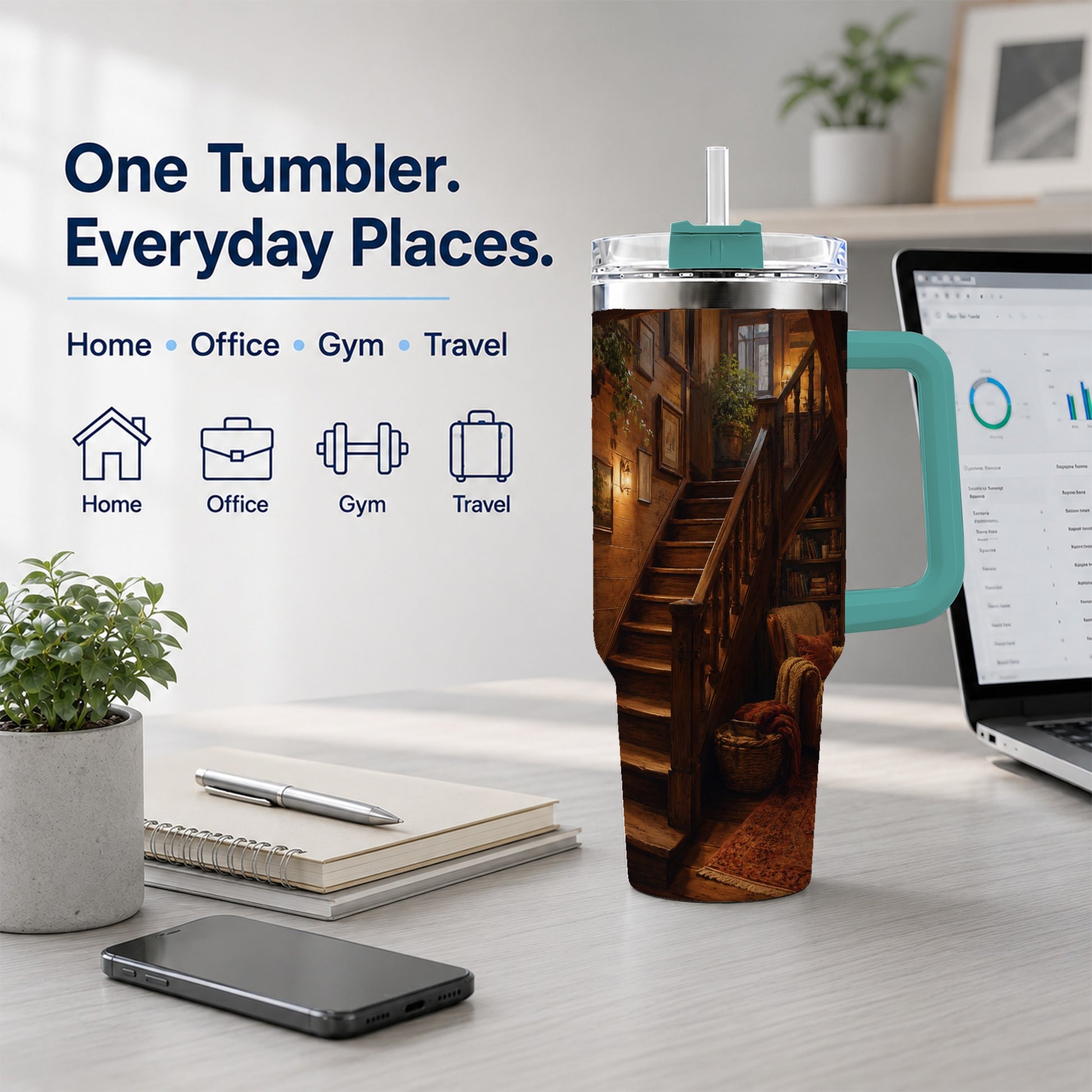 #pl[40oz|Green] Cozy Wooden Staircase 40oz Tumbler with Handle, Warm Cottage Interior Art