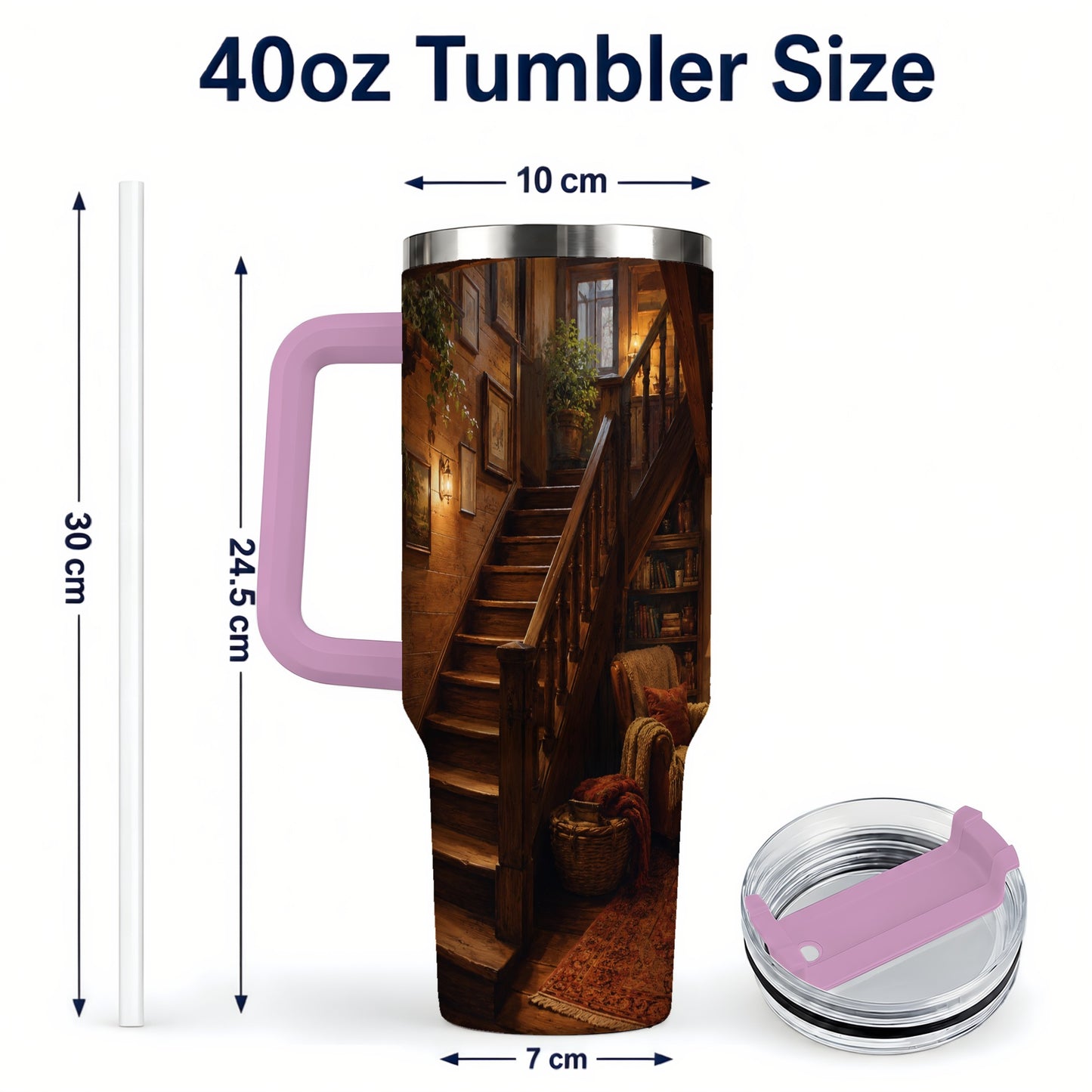 #pl[40oz|Pink] Cozy Wooden Staircase 40oz Tumbler with Handle, Warm Cottage Interior Art