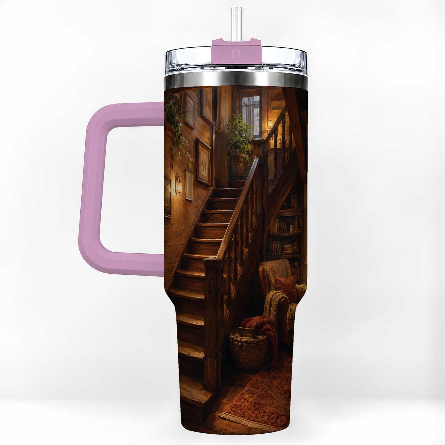#pl[40oz|Pink] Cozy Wooden Staircase 40oz Tumbler with Handle, Warm Cottage Interior Art