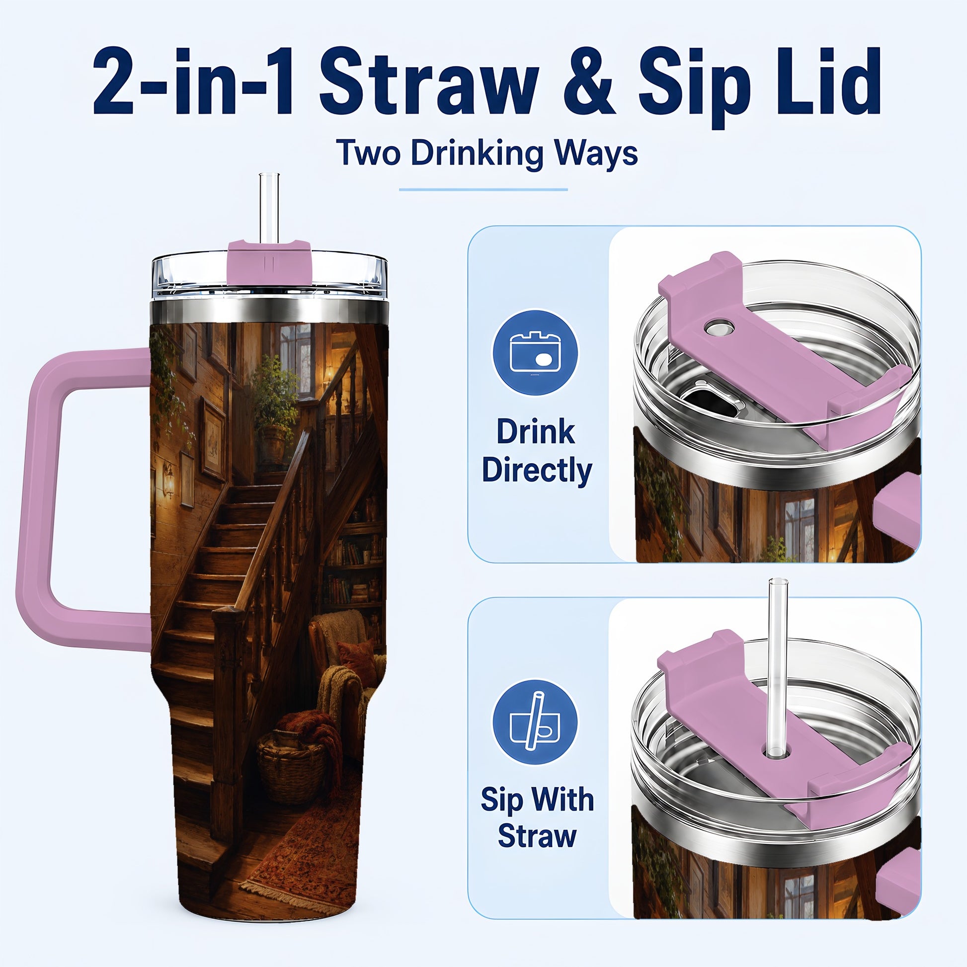 #pl[40oz|Pink] Cozy Wooden Staircase 40oz Tumbler with Handle, Warm Cottage Interior Art