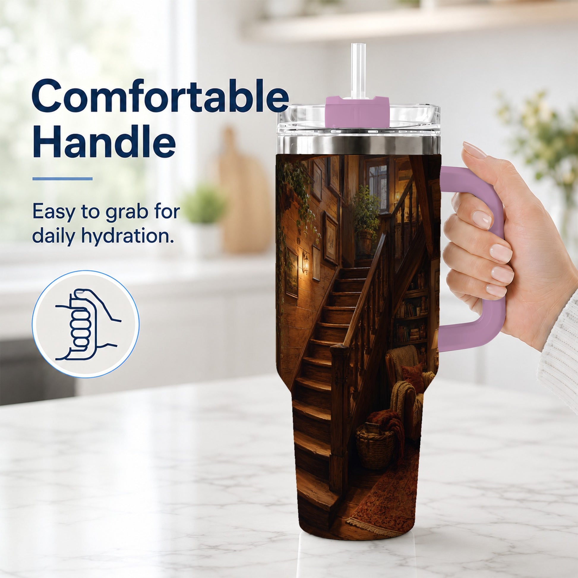 #pl[40oz|Pink] Cozy Wooden Staircase 40oz Tumbler with Handle, Warm Cottage Interior Art