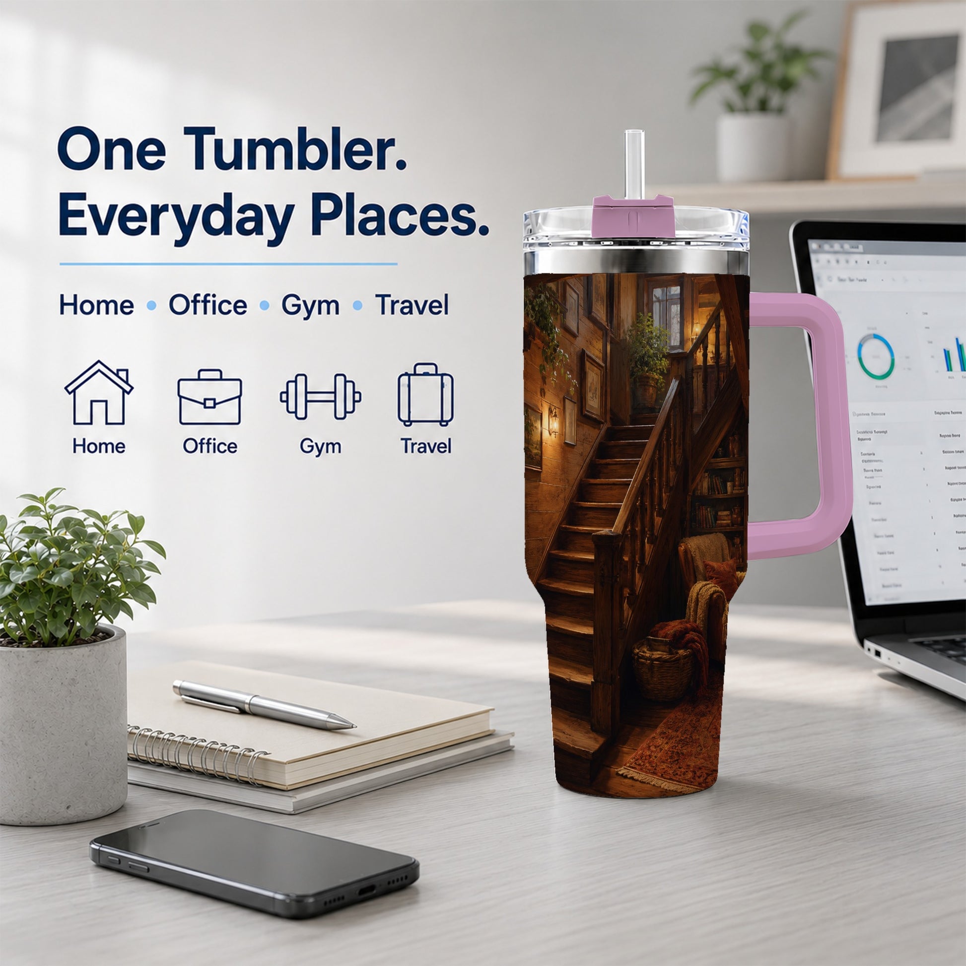#pl[40oz|Pink] Cozy Wooden Staircase 40oz Tumbler with Handle, Warm Cottage Interior Art