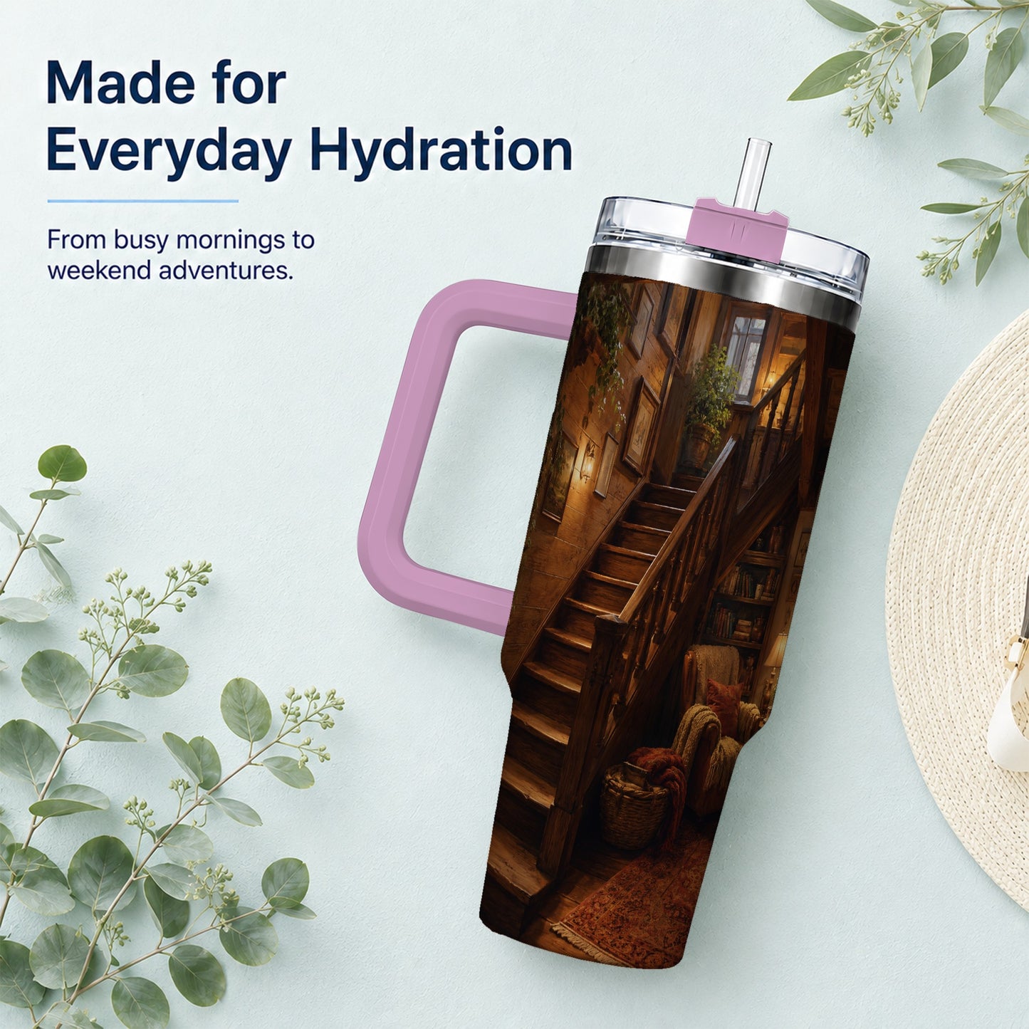 #pl[40oz|Pink] Cozy Wooden Staircase 40oz Tumbler with Handle, Warm Cottage Interior Art