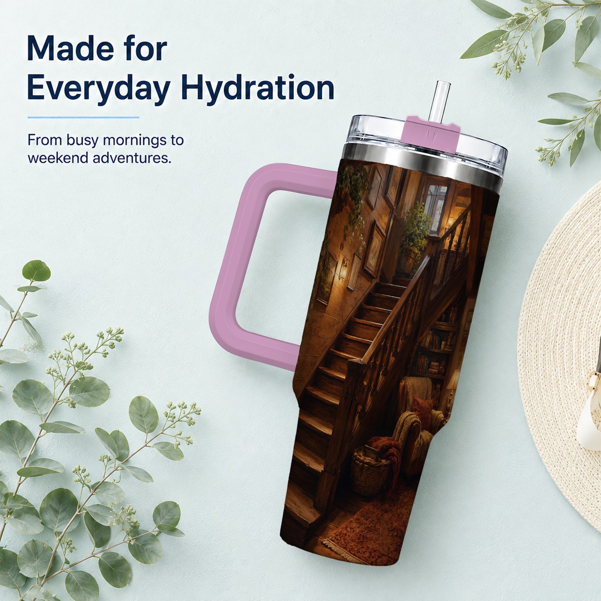 #pl[40oz|Pink] Cozy Wooden Staircase 40oz Tumbler with Handle, Warm Cottage Interior Art