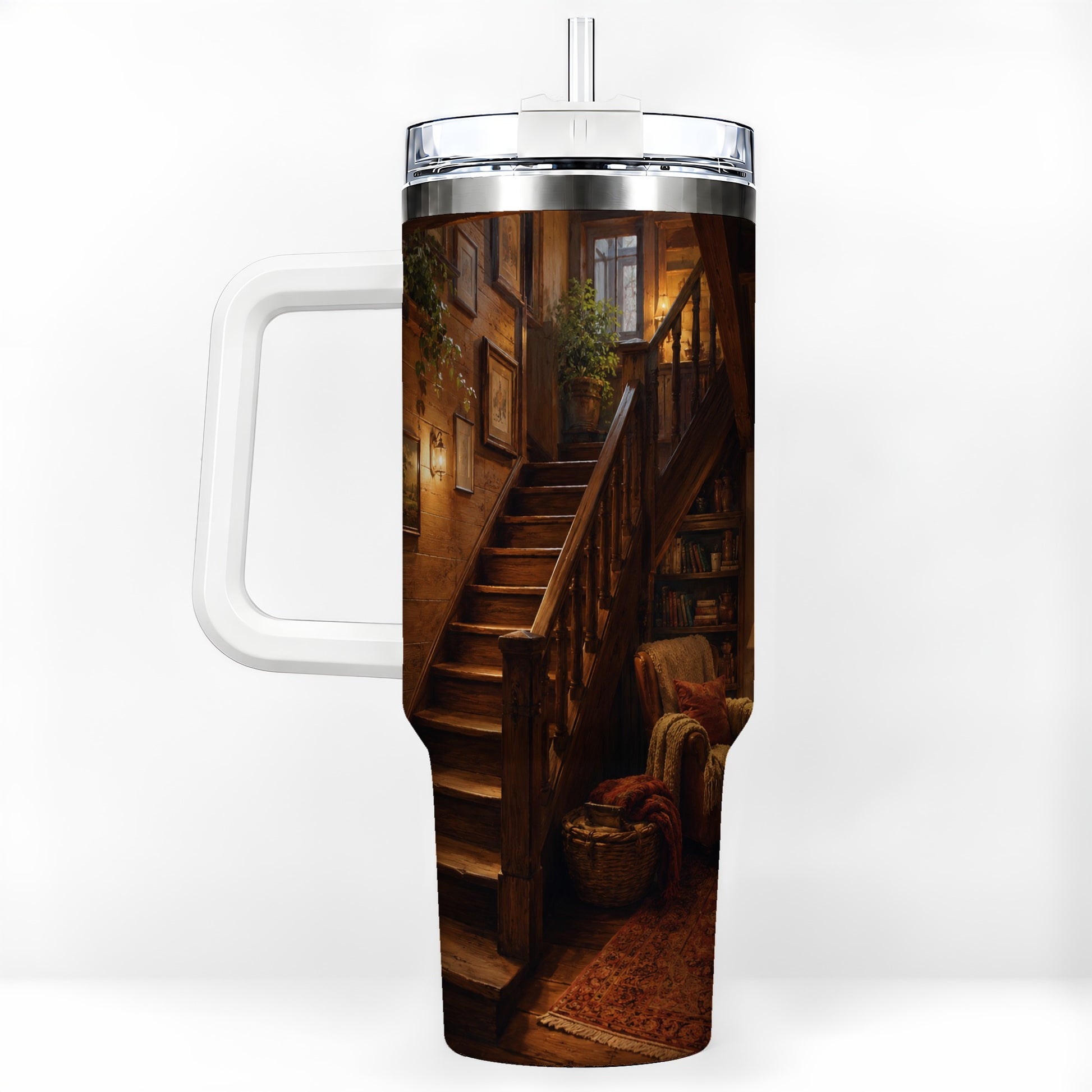 Cozy Wooden Staircase 40oz Tumbler with Handle, Warm Cottage Interior Art
