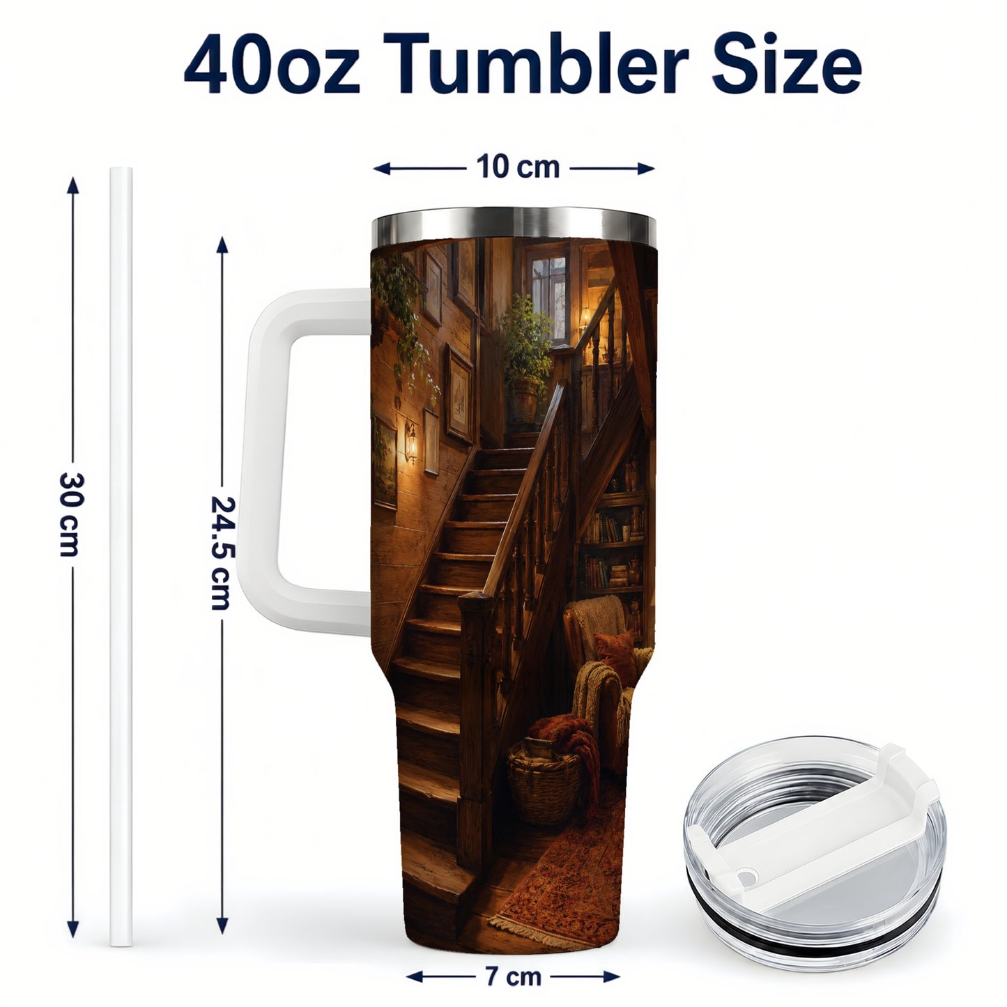 #pl[40oz|White] Cozy Wooden Staircase 40oz Tumbler with Handle, Warm Cottage Interior Art
