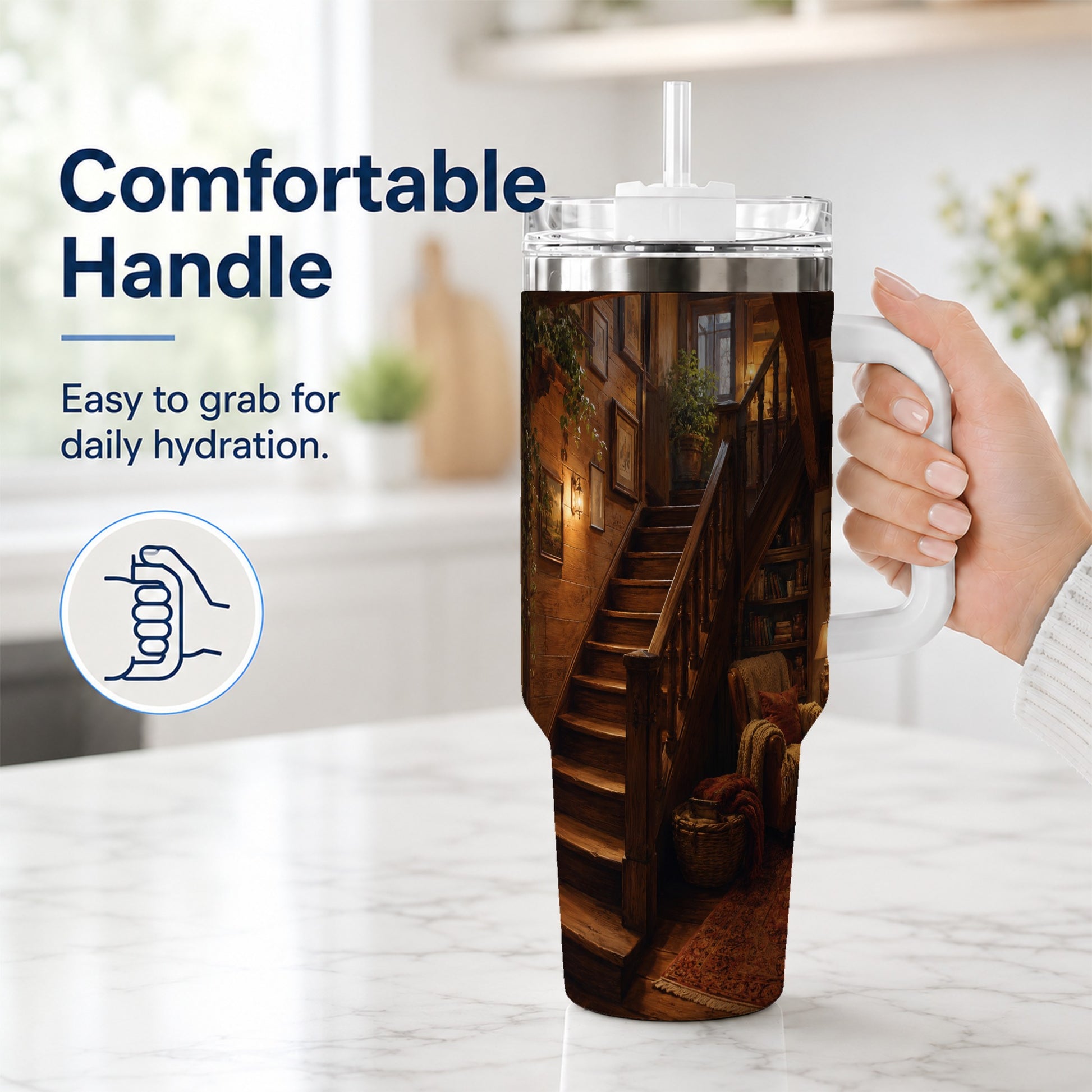 #pl[40oz|White] Cozy Wooden Staircase 40oz Tumbler with Handle, Warm Cottage Interior Art