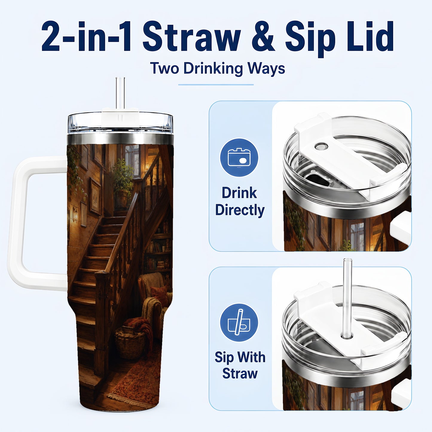 #pl[40oz|White] Cozy Wooden Staircase 40oz Tumbler with Handle, Warm Cottage Interior Art