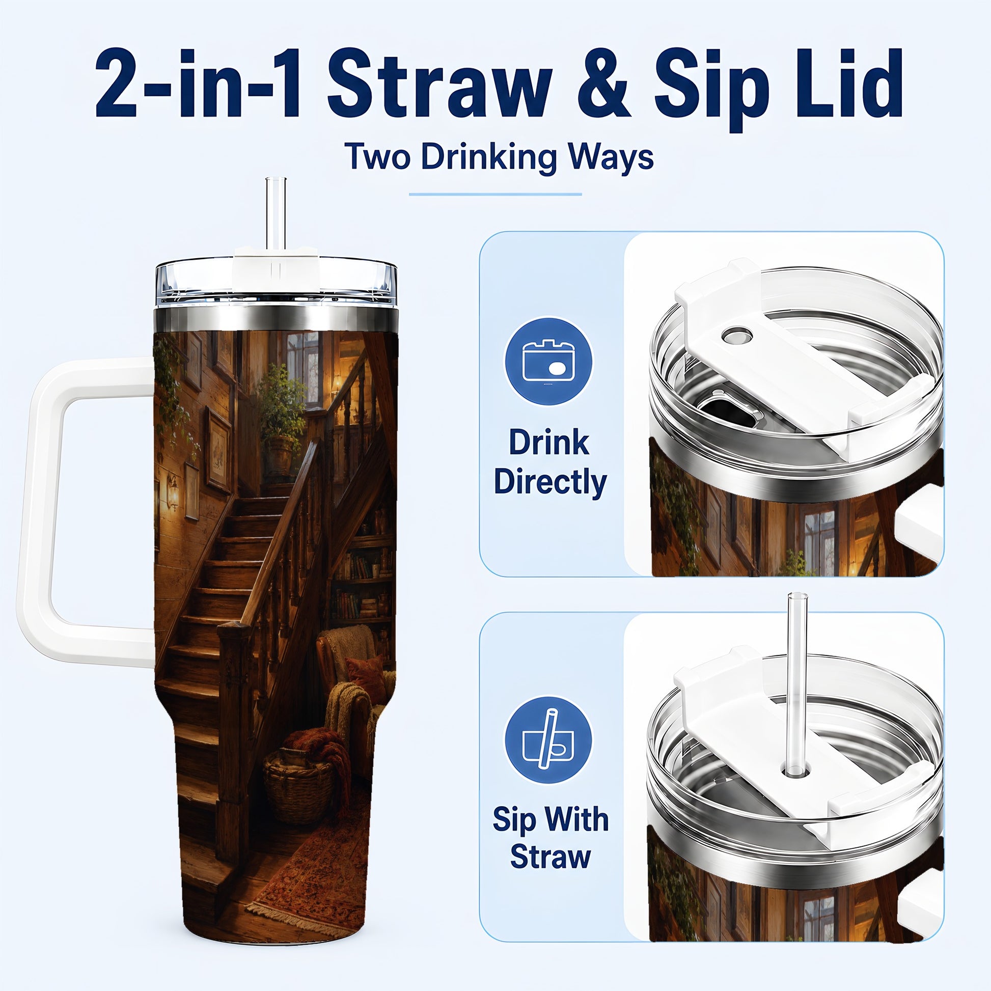 #pl[40oz|White] Cozy Wooden Staircase 40oz Tumbler with Handle, Warm Cottage Interior Art