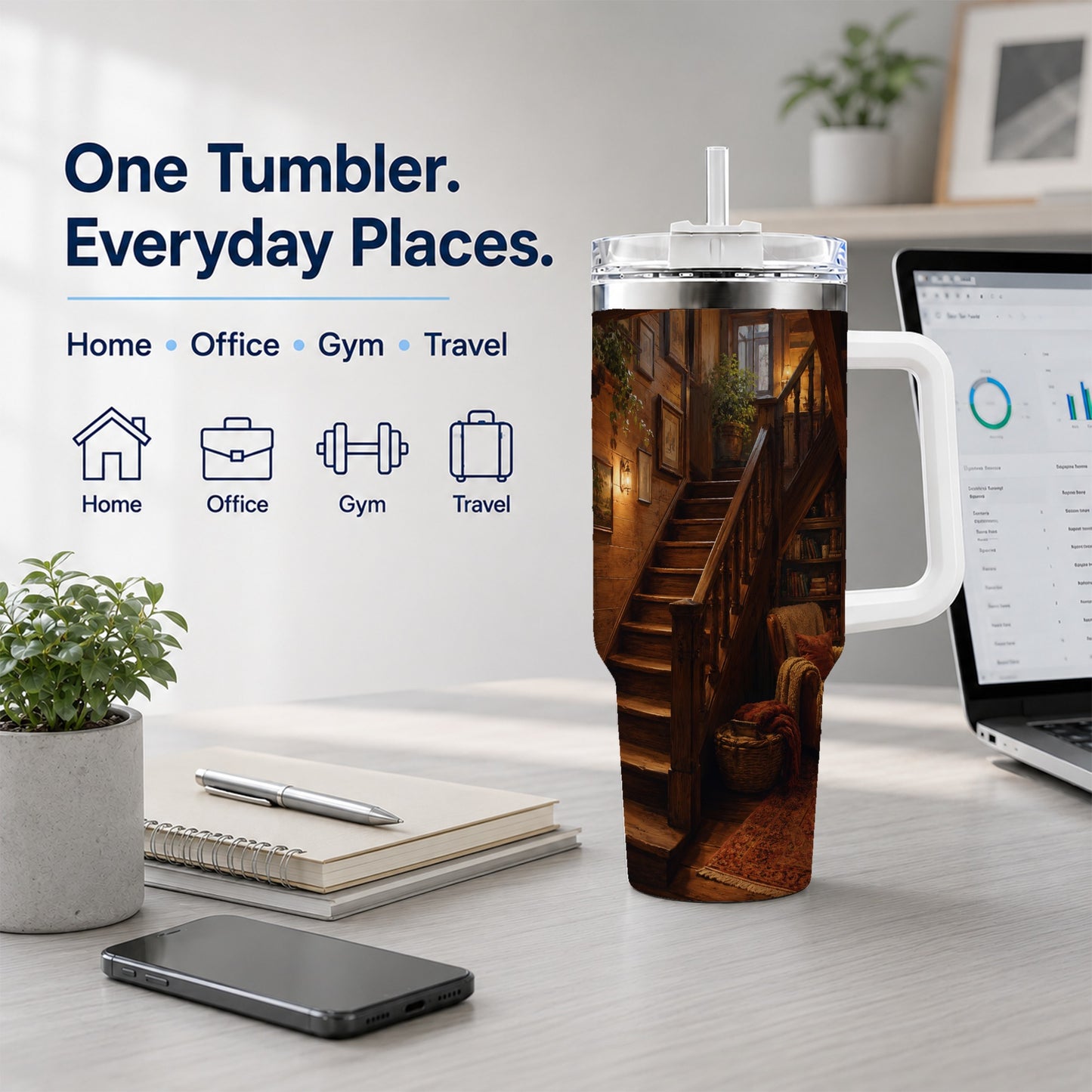 #pl[40oz|White] Cozy Wooden Staircase 40oz Tumbler with Handle, Warm Cottage Interior Art