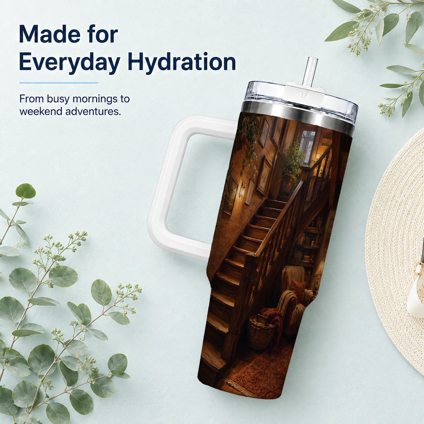 #pl[40oz|White] Cozy Wooden Staircase 40oz Tumbler with Handle, Warm Cottage Interior Art