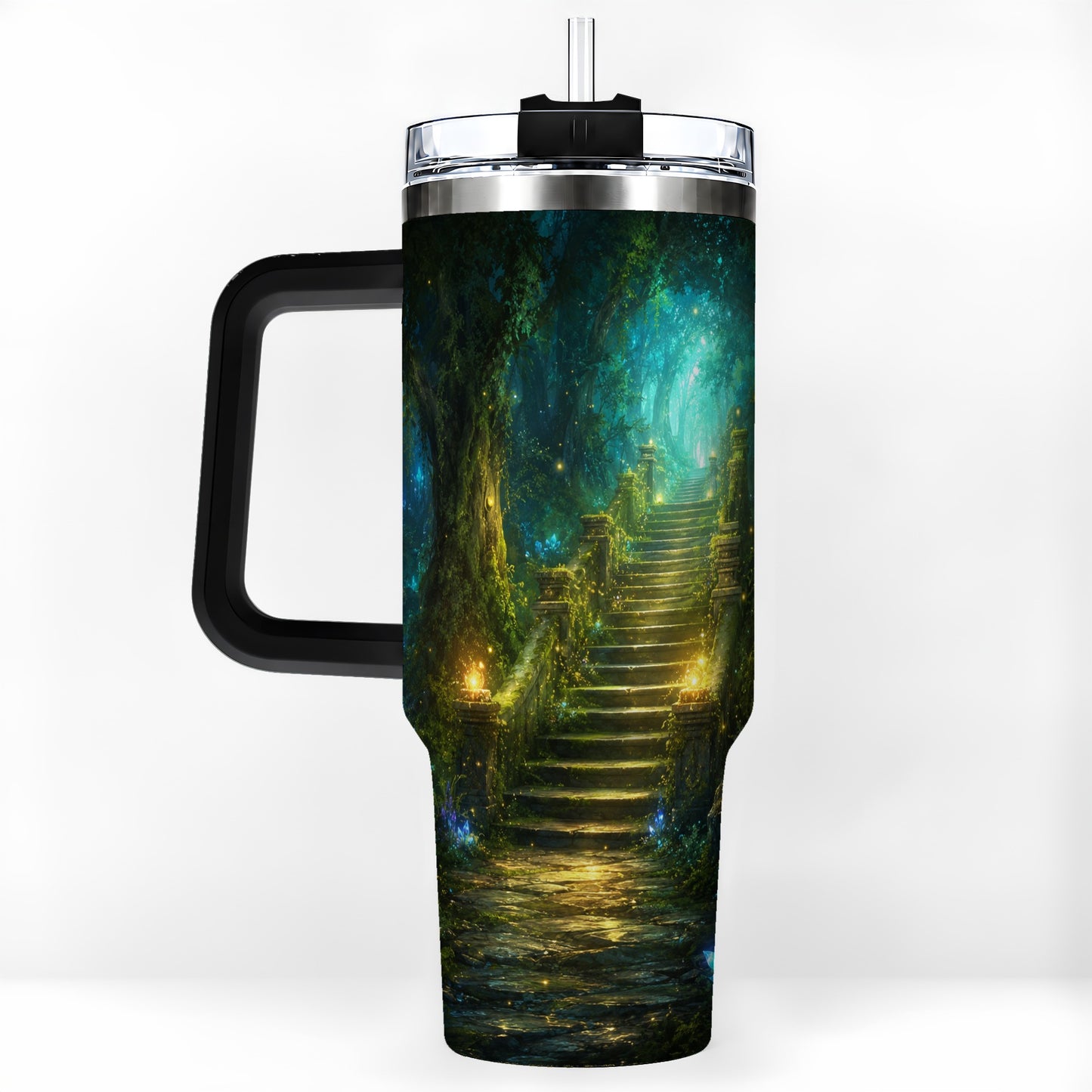 #pl[40oz|Black] Enchanted Forest Stairway 40oz Tumbler with Handle, Fantasy Woodland Art