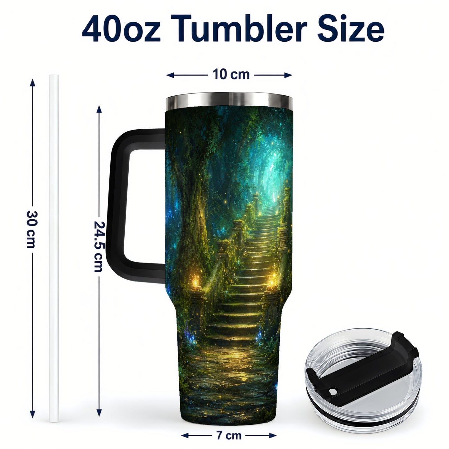 #pl[40oz|Black] Enchanted Forest Stairway 40oz Tumbler with Handle, Fantasy Woodland Art