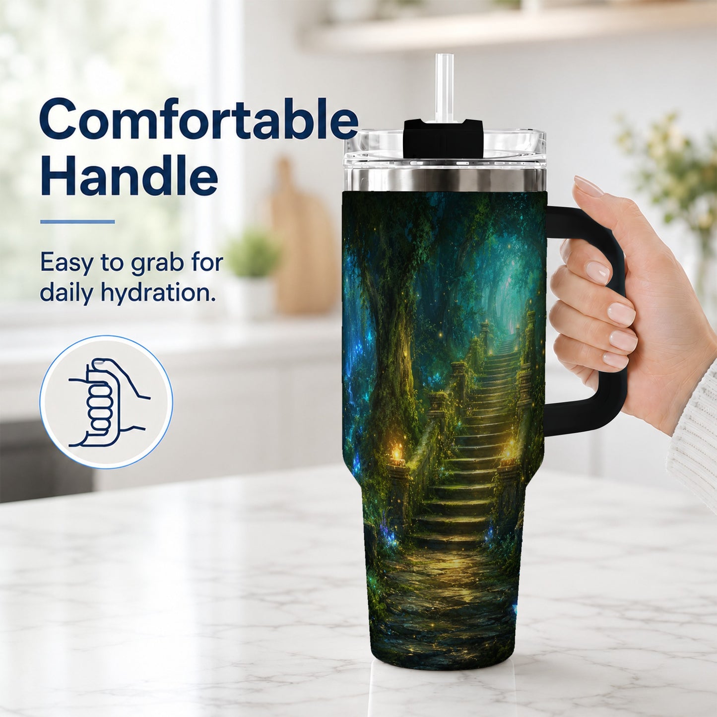 #pl[40oz|Black] Enchanted Forest Stairway 40oz Tumbler with Handle, Fantasy Woodland Art