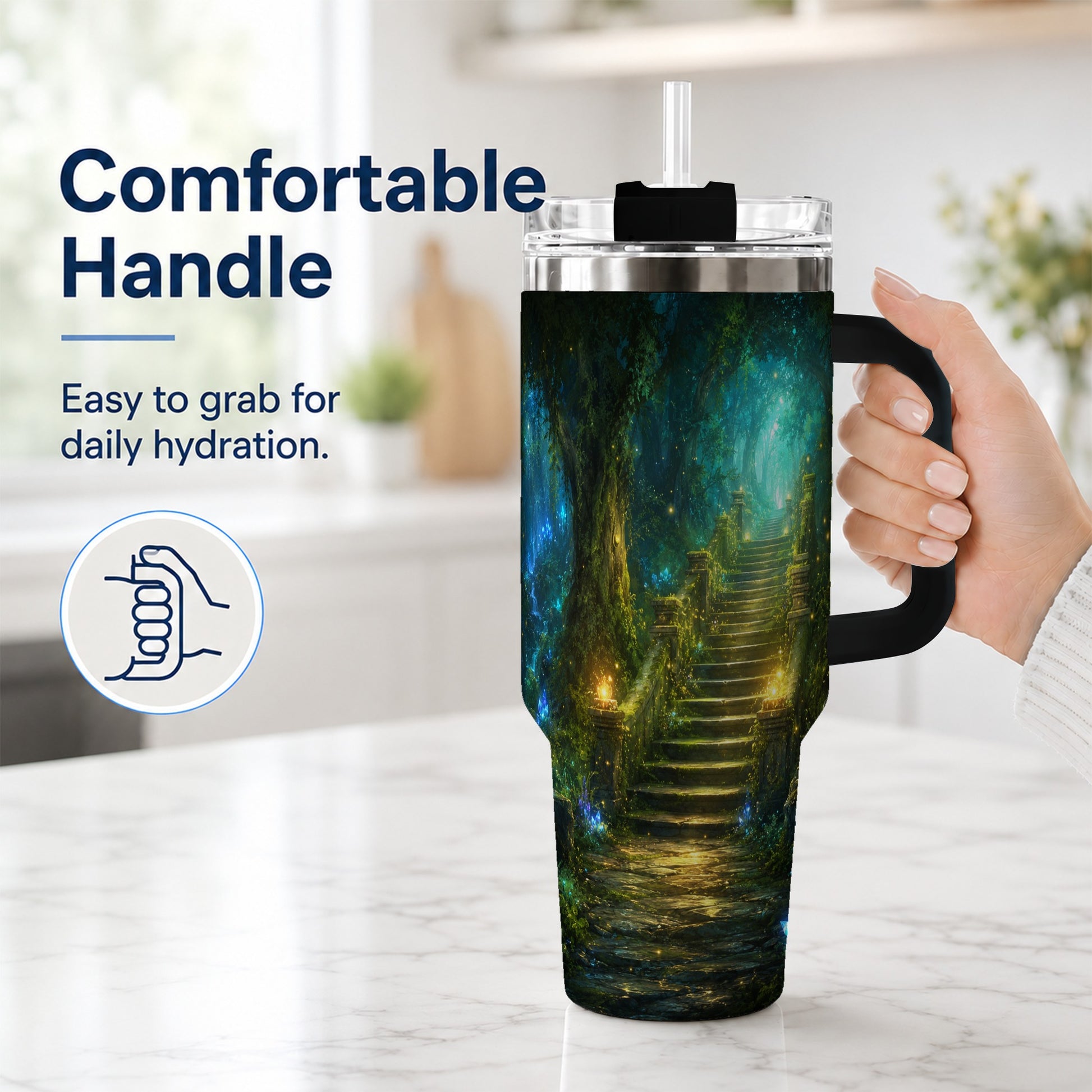 #pl[40oz|Black] Enchanted Forest Stairway 40oz Tumbler with Handle, Fantasy Woodland Art