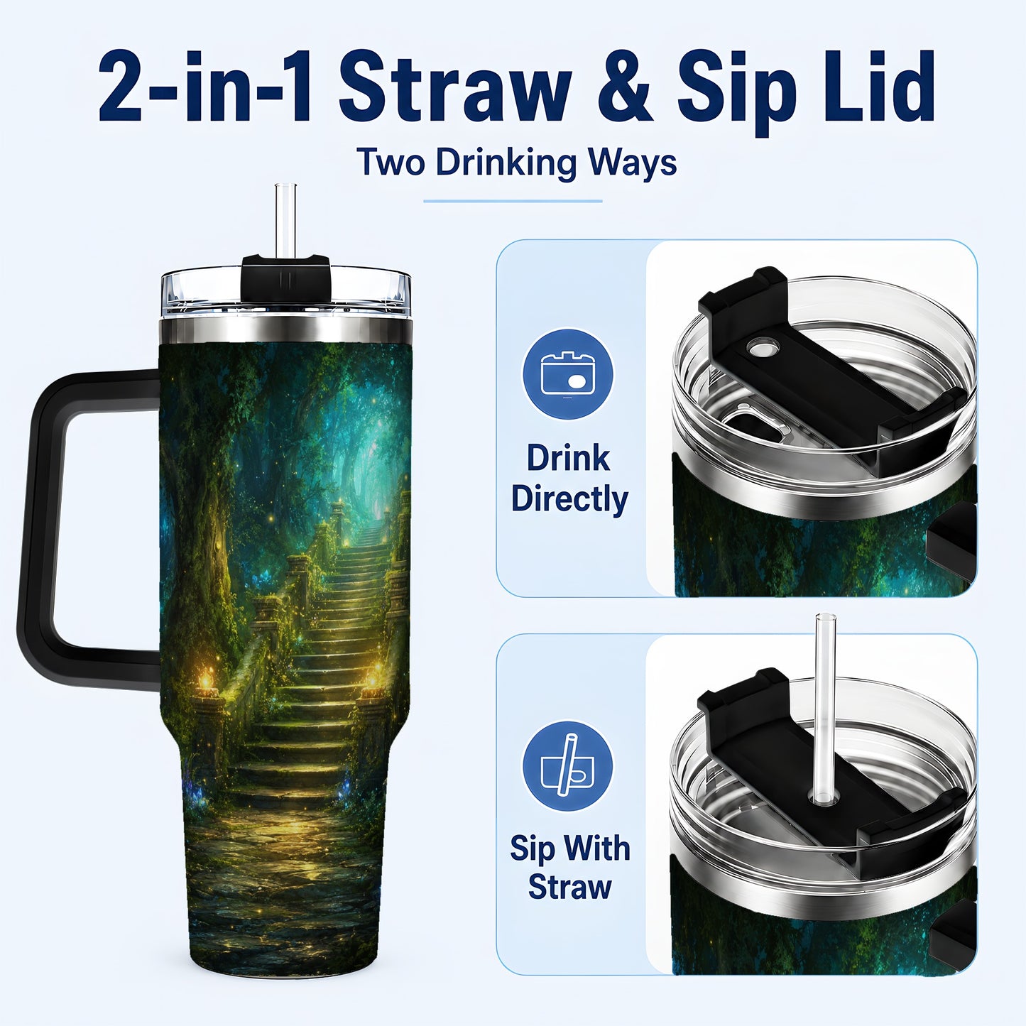 #pl[40oz|Black] Enchanted Forest Stairway 40oz Tumbler with Handle, Fantasy Woodland Art