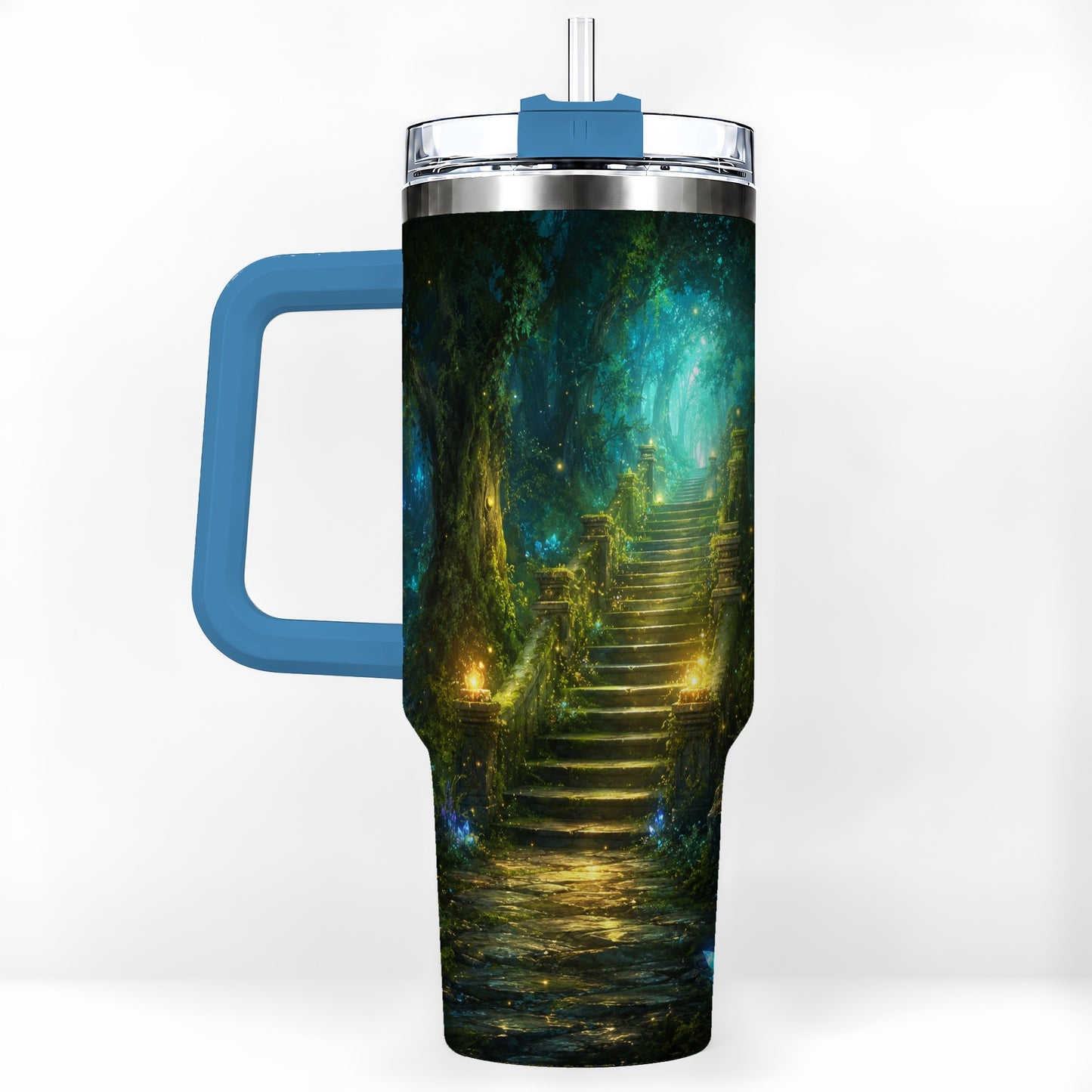 #pl[40oz|Blue] Enchanted Forest Stairway 40oz Tumbler with Handle, Fantasy Woodland Art