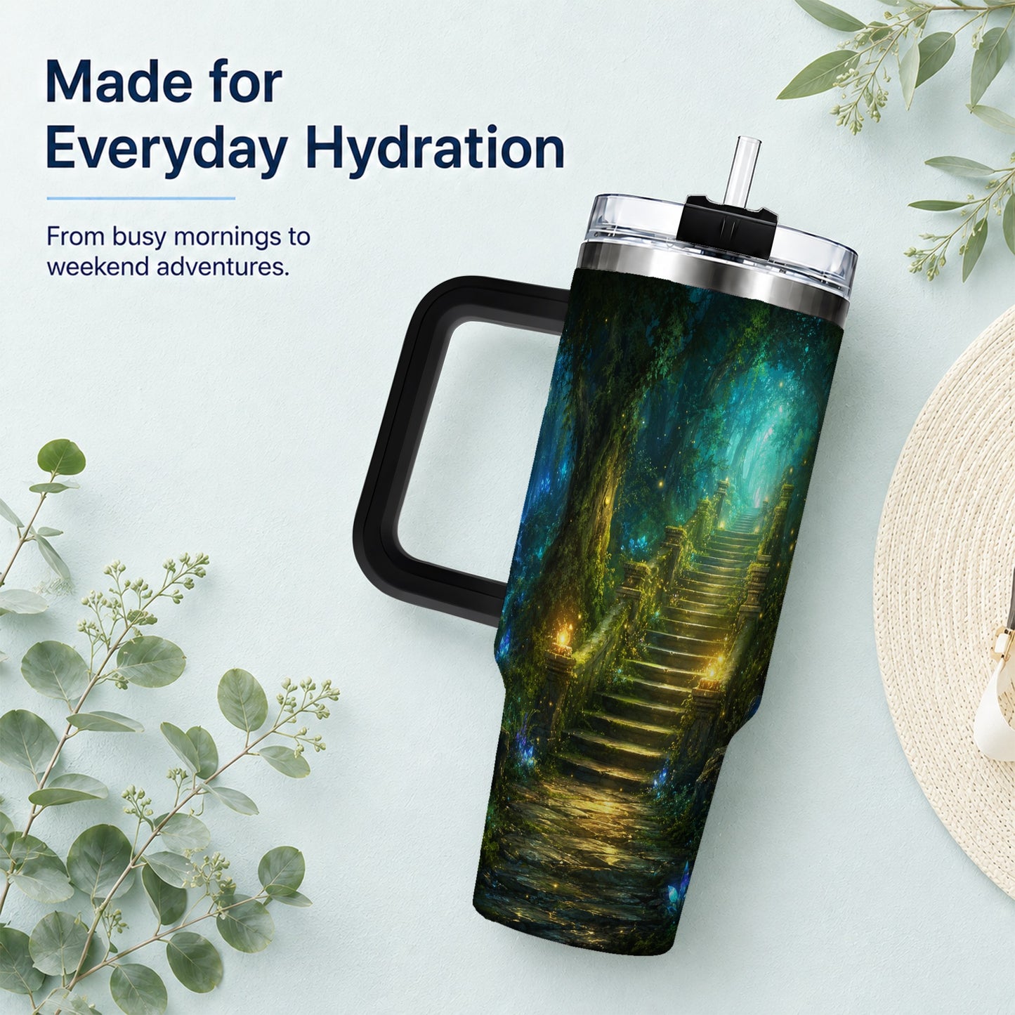 #pl[40oz|Black] Enchanted Forest Stairway 40oz Tumbler with Handle, Fantasy Woodland Art