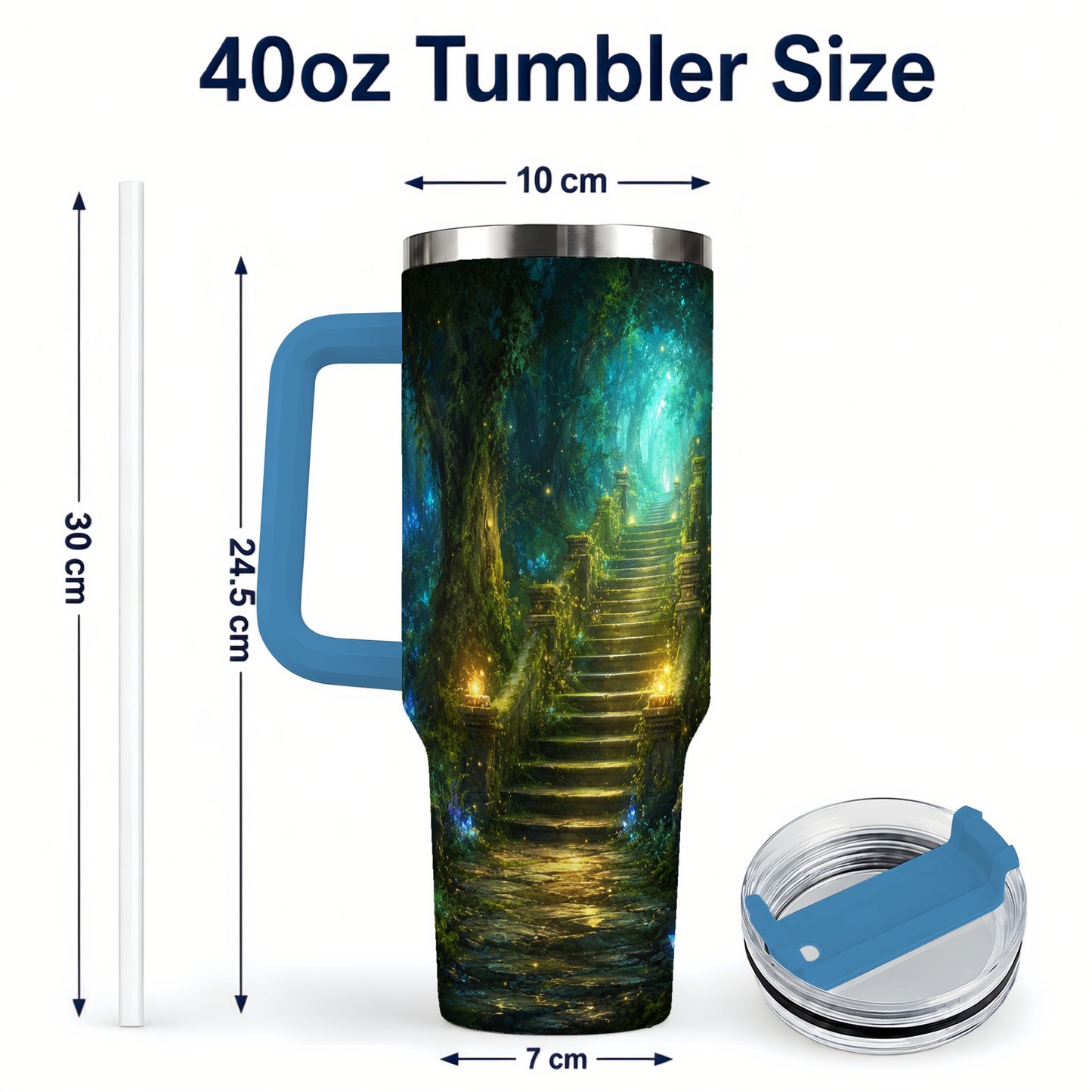 #pl[40oz|Blue] Enchanted Forest Stairway 40oz Tumbler with Handle, Fantasy Woodland Art