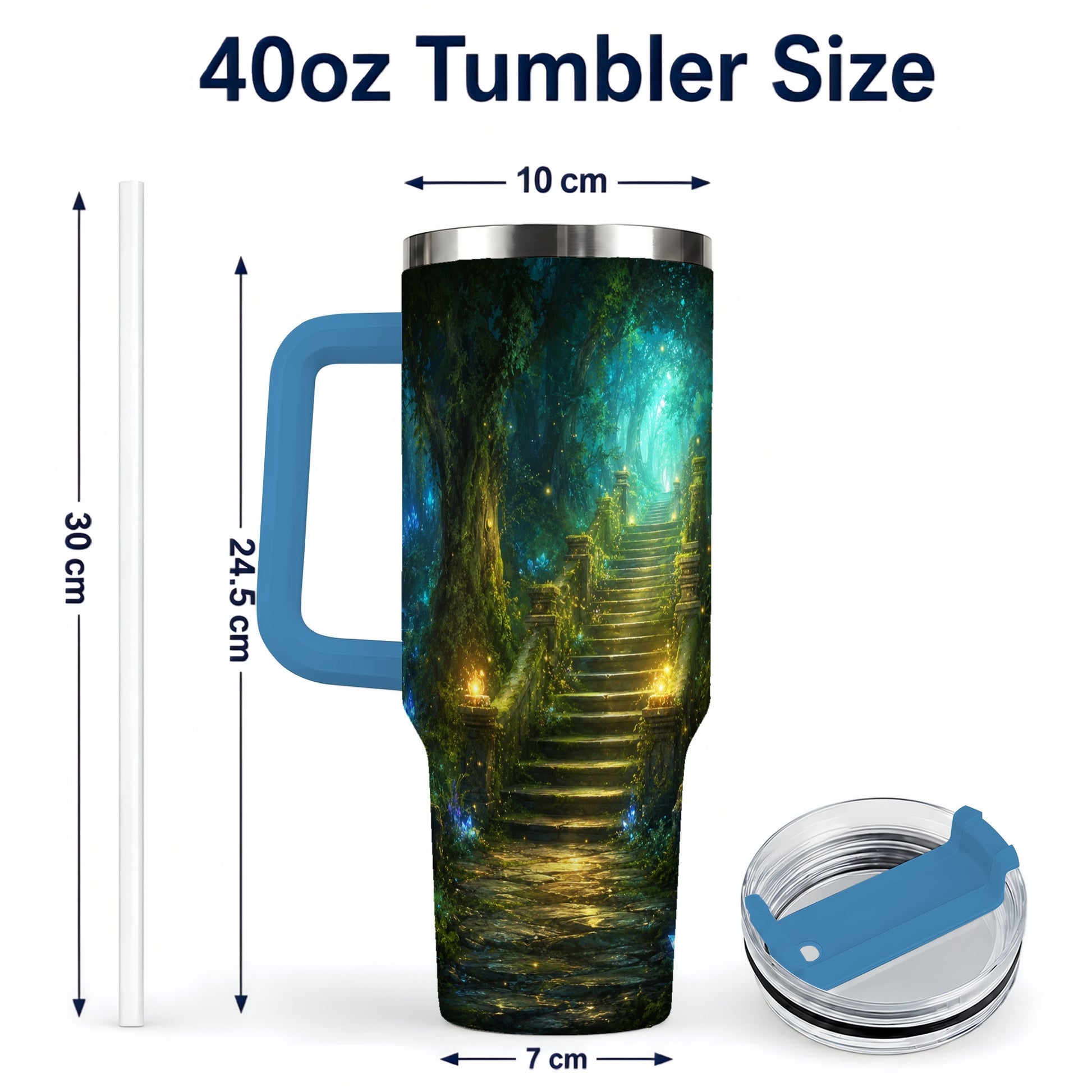 #pl[40oz|Blue] Enchanted Forest Stairway 40oz Tumbler with Handle, Fantasy Woodland Art