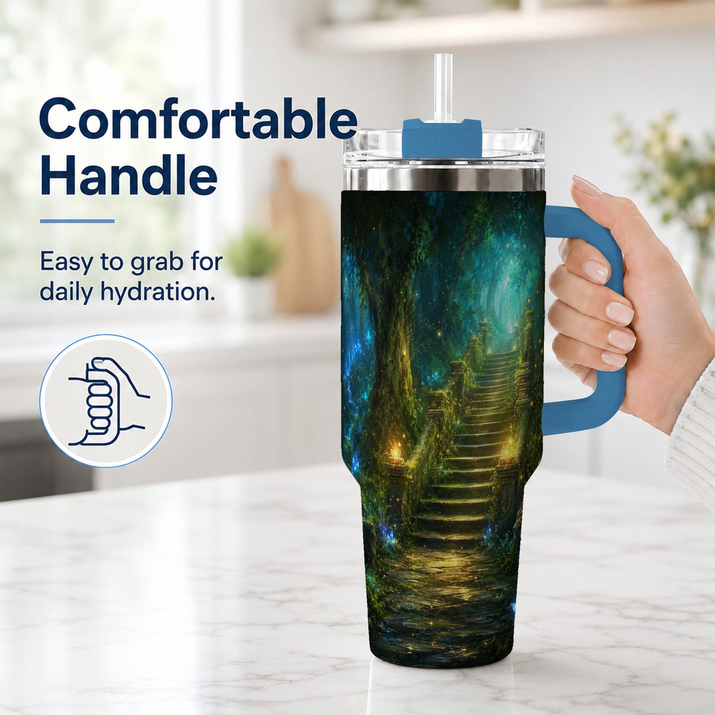 #pl[40oz|Blue] Enchanted Forest Stairway 40oz Tumbler with Handle, Fantasy Woodland Art