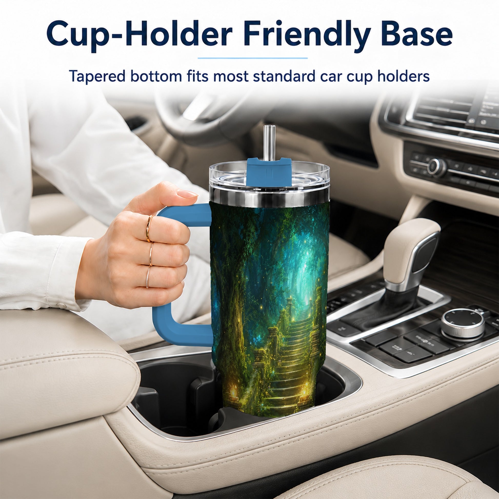 #pl[40oz|Blue] Enchanted Forest Stairway 40oz Tumbler with Handle, Fantasy Woodland Art