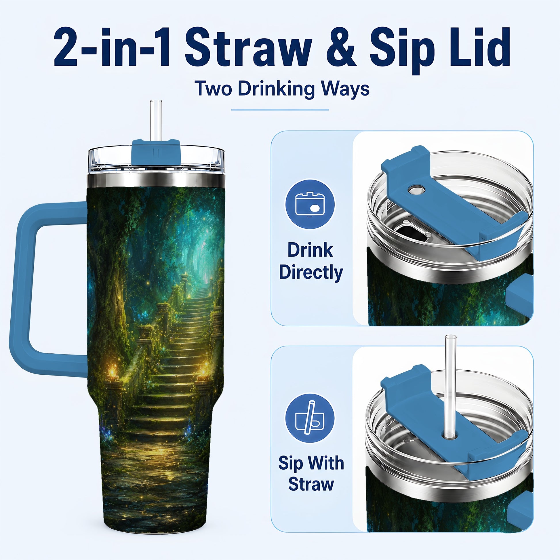 #pl[40oz|Blue] Enchanted Forest Stairway 40oz Tumbler with Handle, Fantasy Woodland Art