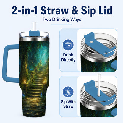#pl[40oz|Blue] Enchanted Forest Stairway 40oz Tumbler with Handle, Fantasy Woodland Art