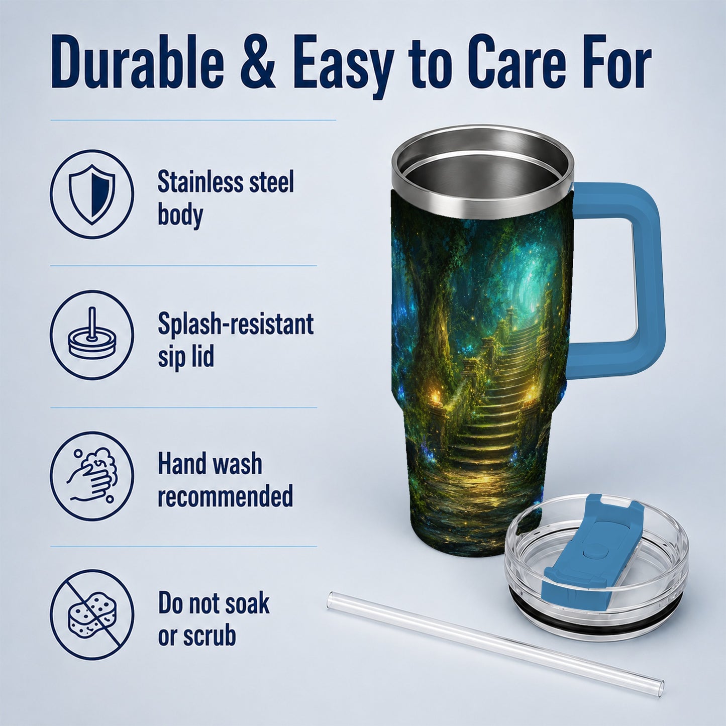 #pl[40oz|Blue] Enchanted Forest Stairway 40oz Tumbler with Handle, Fantasy Woodland Art