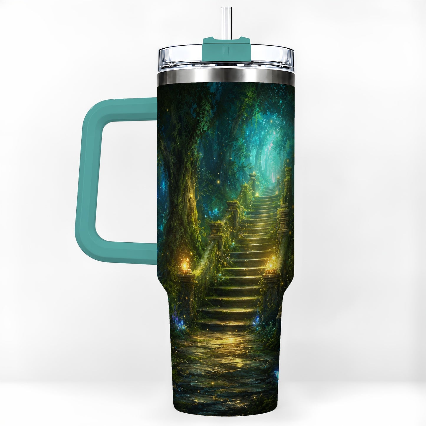 #pl[40oz|Green] Enchanted Forest Stairway 40oz Tumbler with Handle, Fantasy Woodland Art