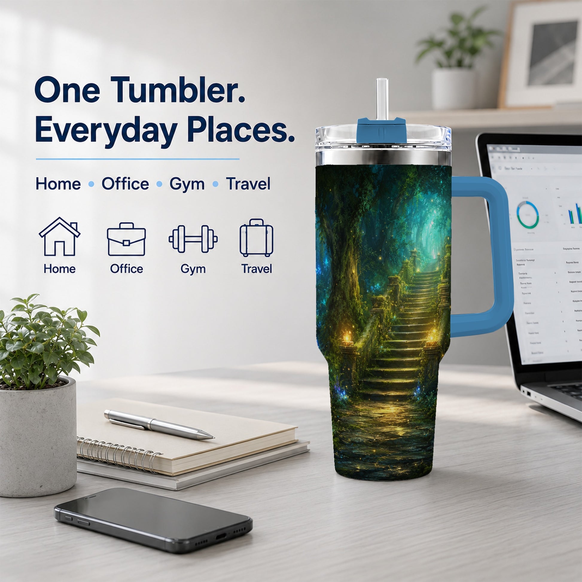 #pl[40oz|Blue] Enchanted Forest Stairway 40oz Tumbler with Handle, Fantasy Woodland Art