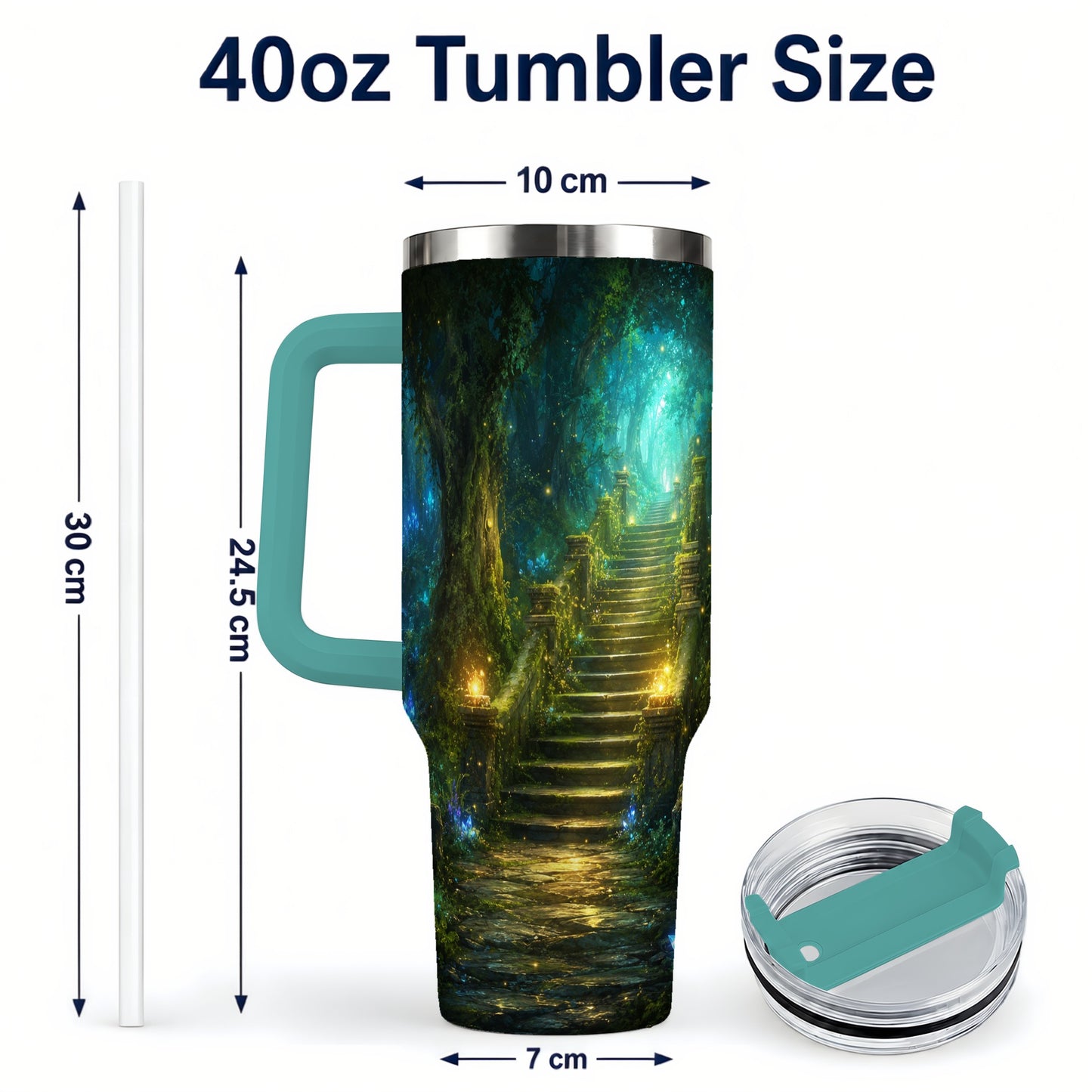 #pl[40oz|Green] Enchanted Forest Stairway 40oz Tumbler with Handle, Fantasy Woodland Art