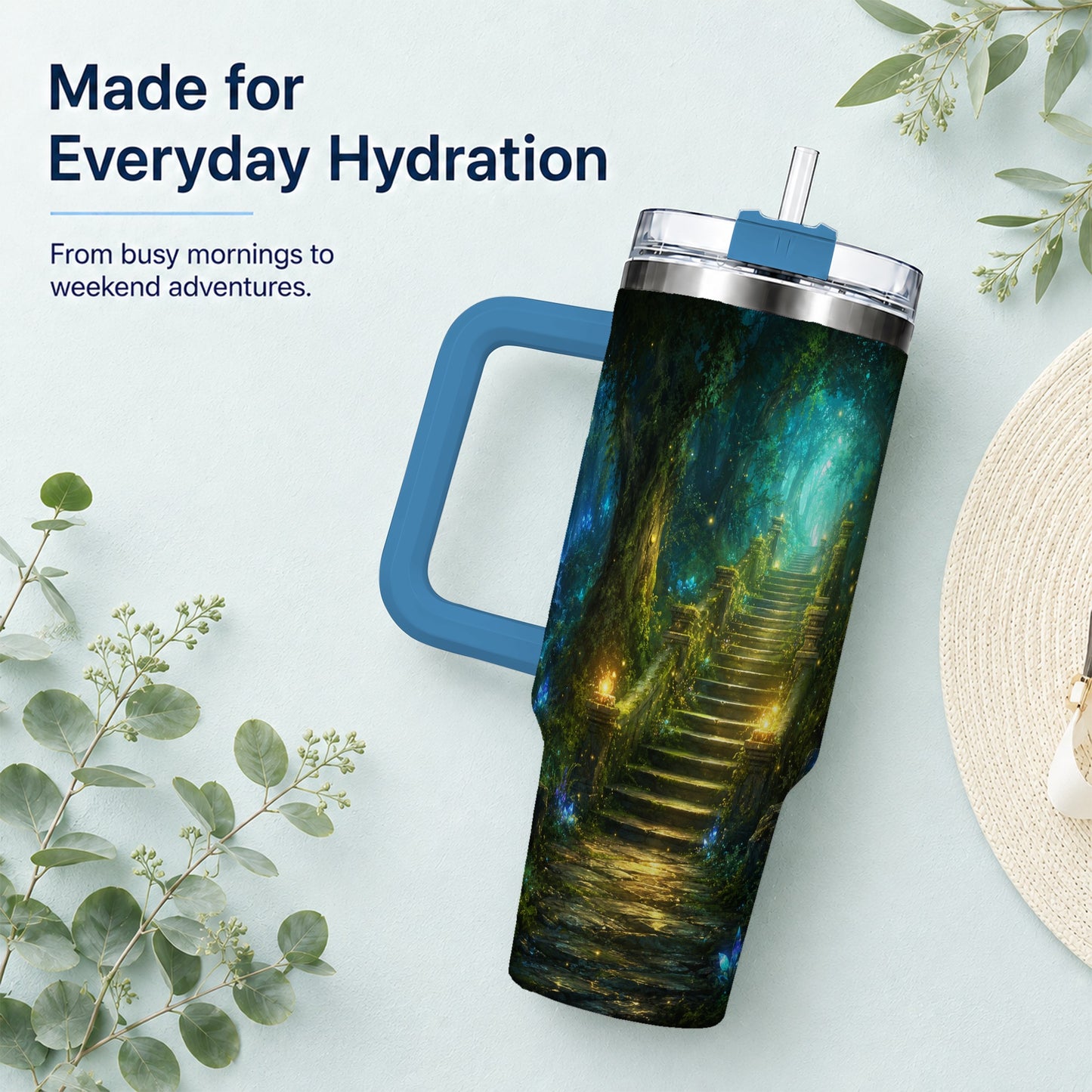#pl[40oz|Blue] Enchanted Forest Stairway 40oz Tumbler with Handle, Fantasy Woodland Art
