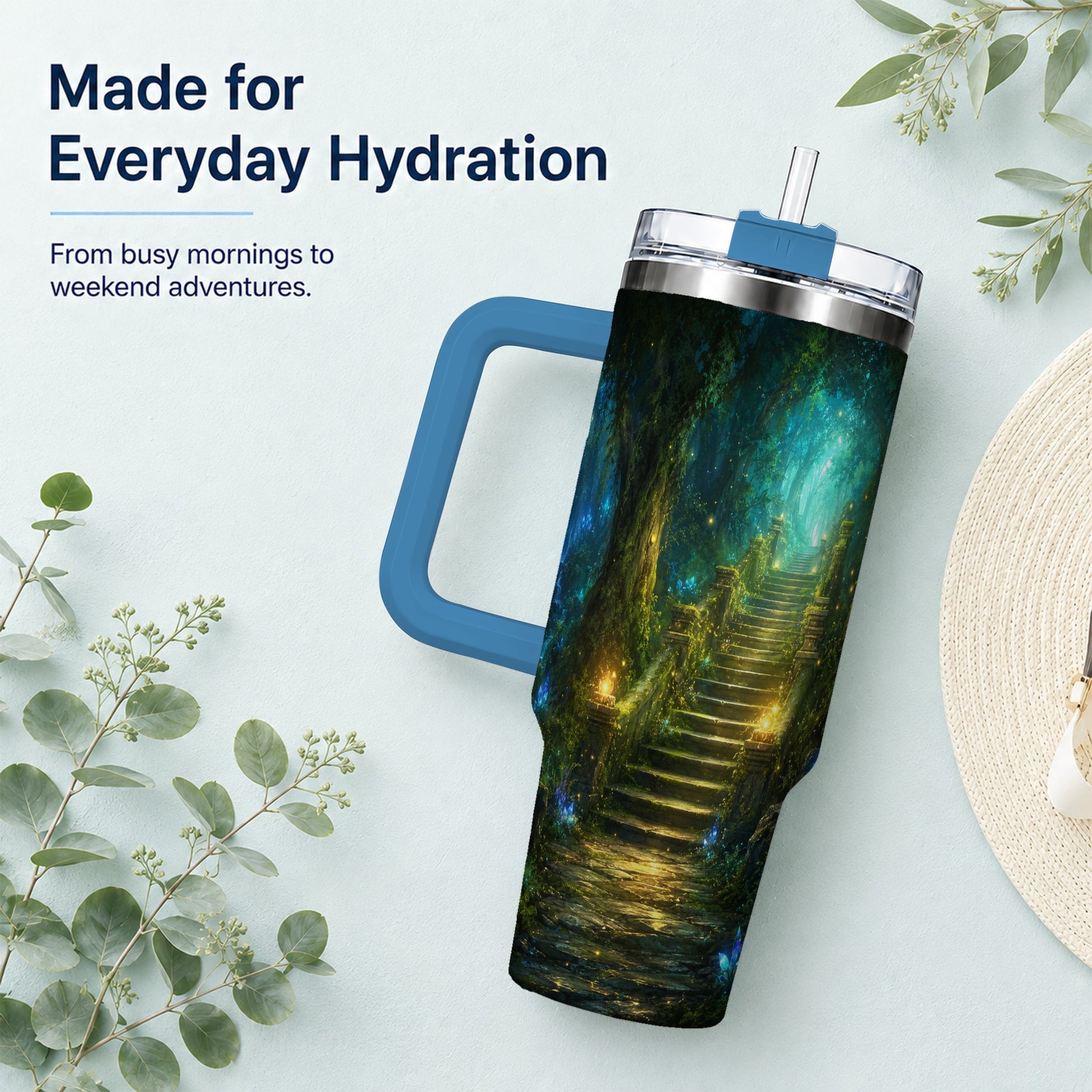 #pl[40oz|Blue] Enchanted Forest Stairway 40oz Tumbler with Handle, Fantasy Woodland Art