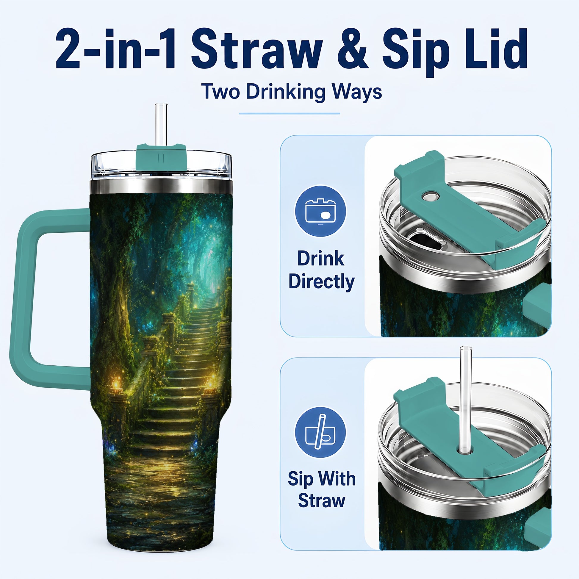 #pl[40oz|Green] Enchanted Forest Stairway 40oz Tumbler with Handle, Fantasy Woodland Art