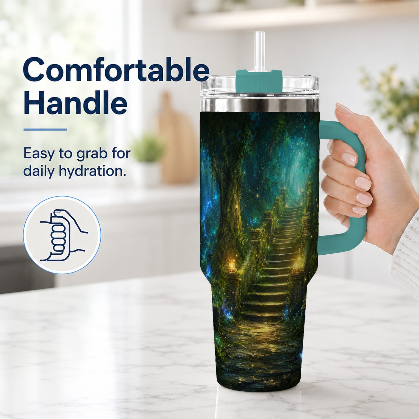 #pl[40oz|Green] Enchanted Forest Stairway 40oz Tumbler with Handle, Fantasy Woodland Art