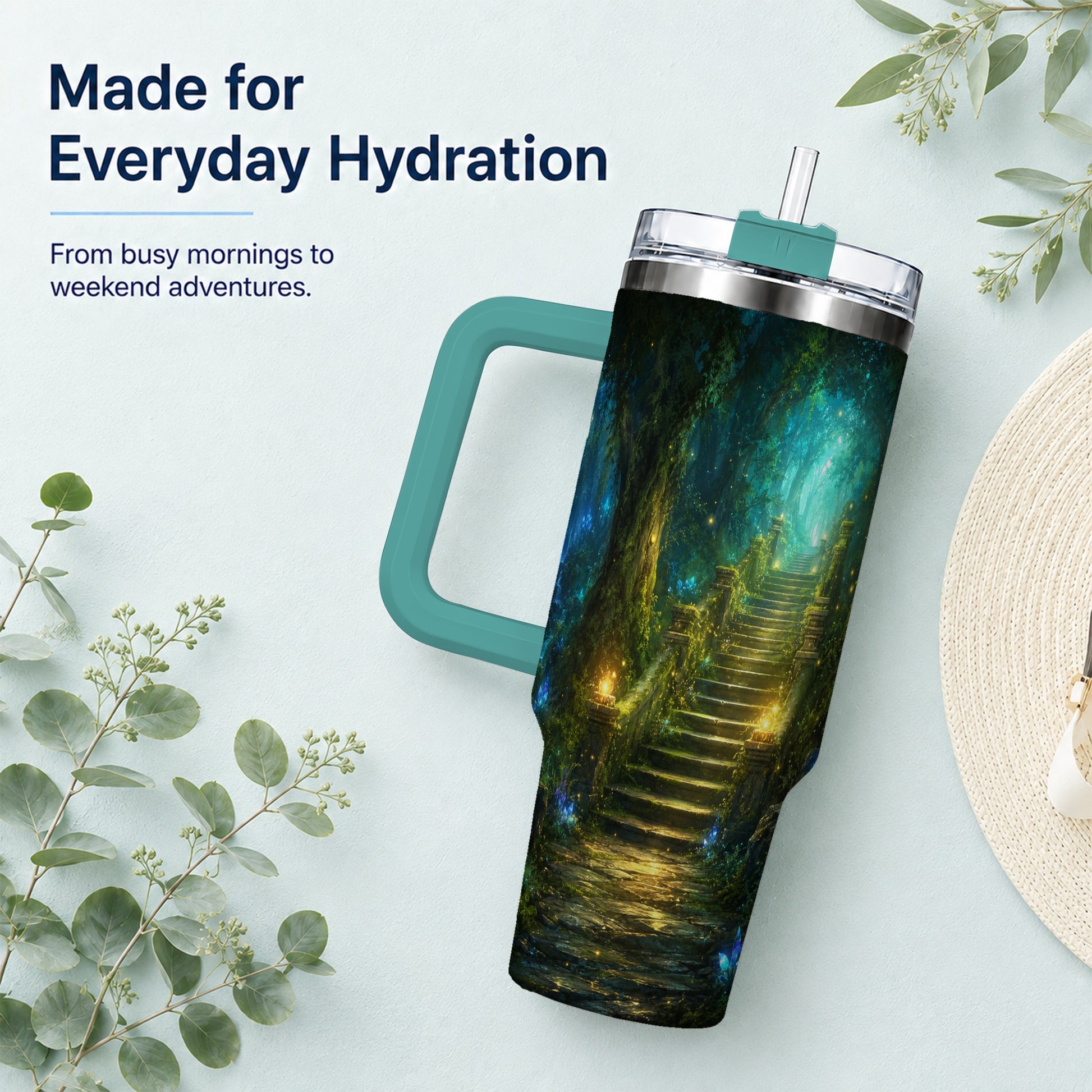 #pl[40oz|Green] Enchanted Forest Stairway 40oz Tumbler with Handle, Fantasy Woodland Art