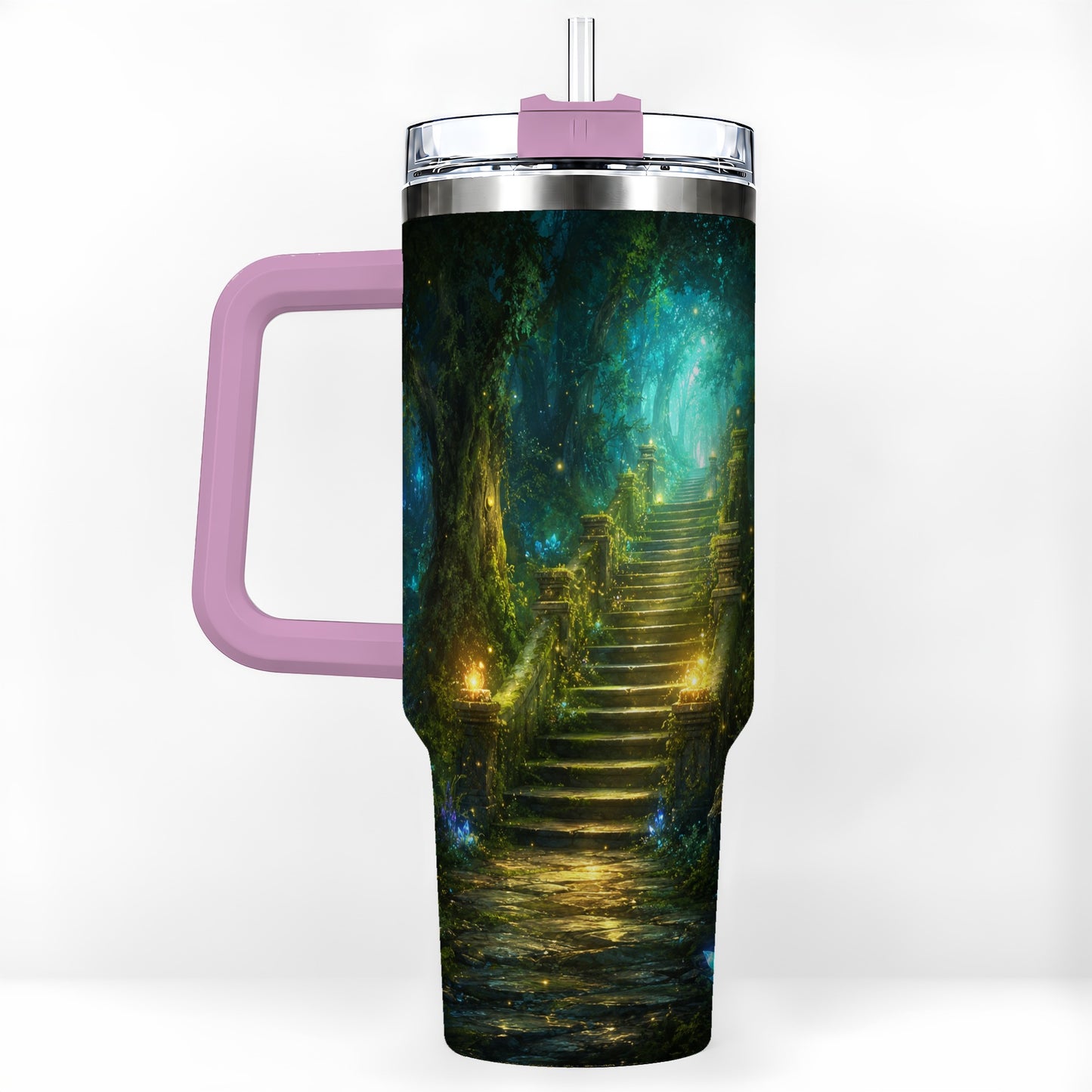 #pl[40oz|Pink] Enchanted Forest Stairway 40oz Tumbler with Handle, Fantasy Woodland Art