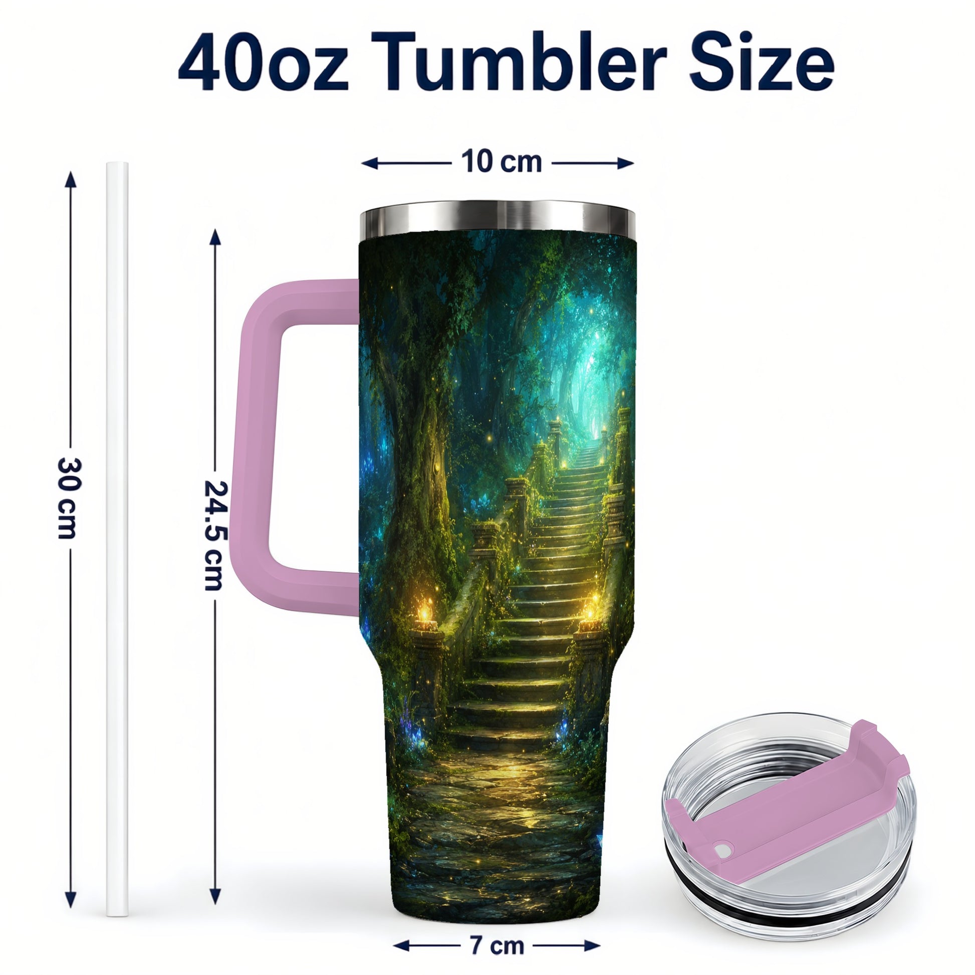 #pl[40oz|Pink] Enchanted Forest Stairway 40oz Tumbler with Handle, Fantasy Woodland Art