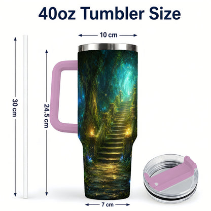 #pl[40oz|Pink] Enchanted Forest Stairway 40oz Tumbler with Handle, Fantasy Woodland Art