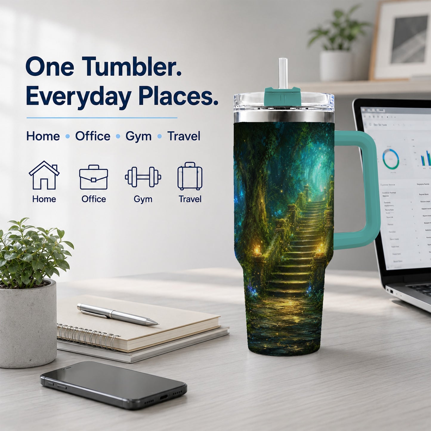 #pl[40oz|Green] Enchanted Forest Stairway 40oz Tumbler with Handle, Fantasy Woodland Art