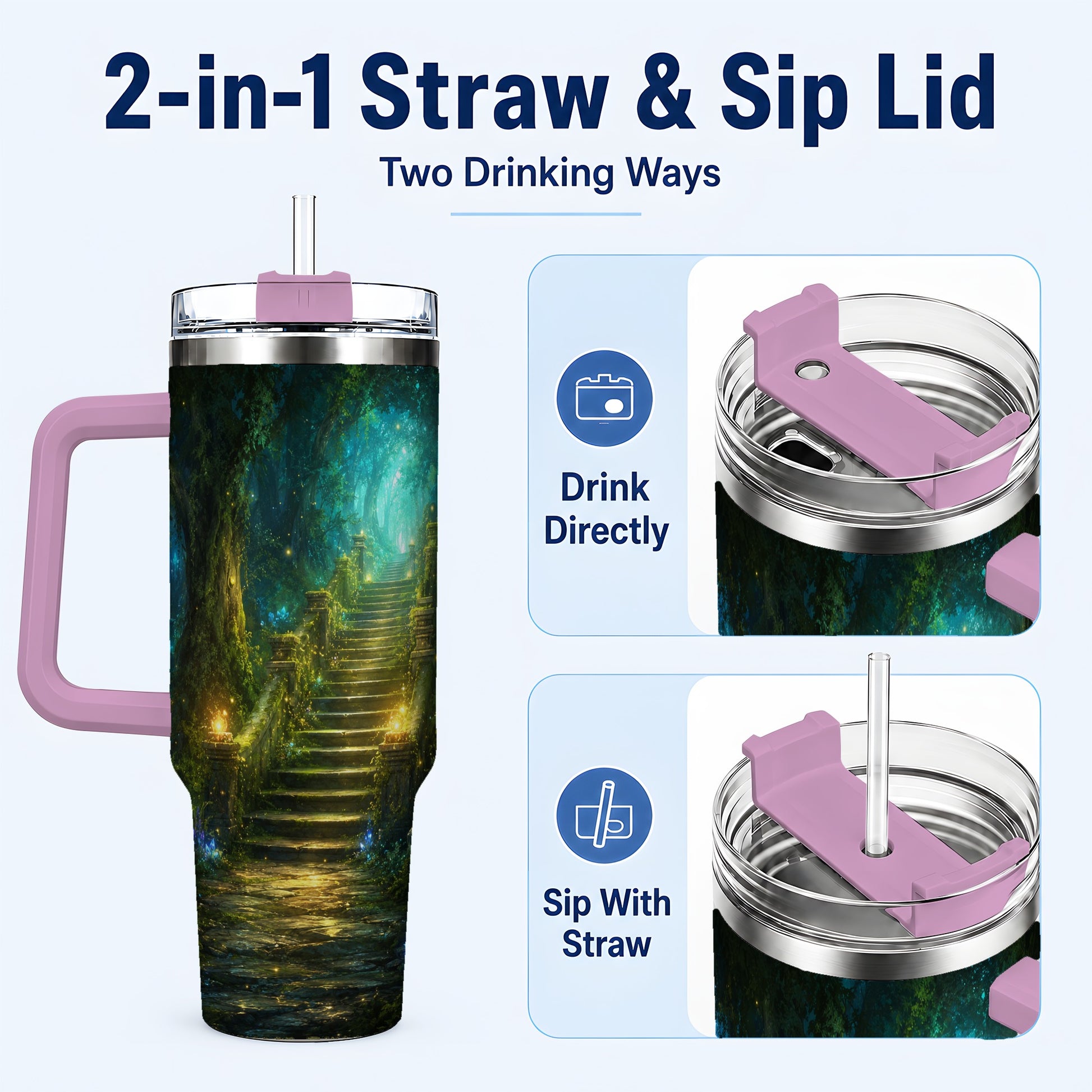 #pl[40oz|Pink] Enchanted Forest Stairway 40oz Tumbler with Handle, Fantasy Woodland Art