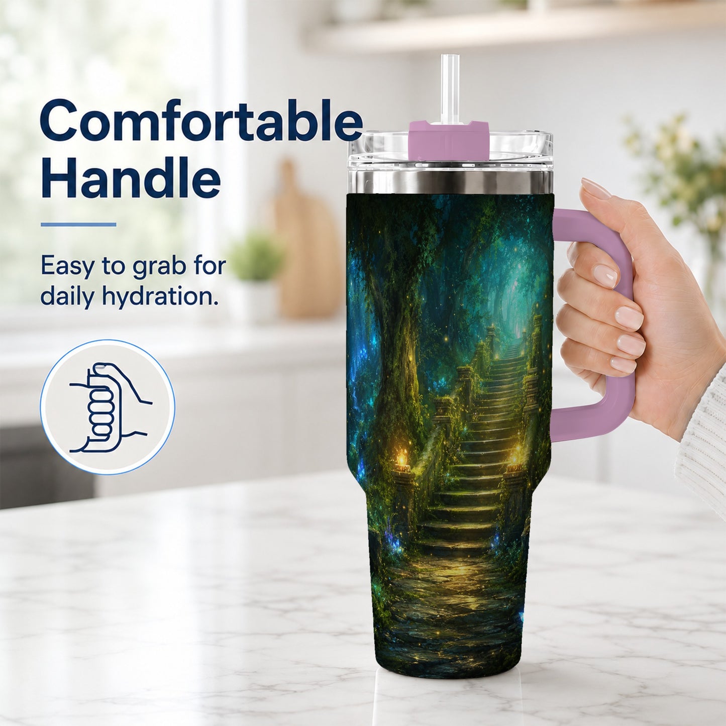 #pl[40oz|Pink] Enchanted Forest Stairway 40oz Tumbler with Handle, Fantasy Woodland Art