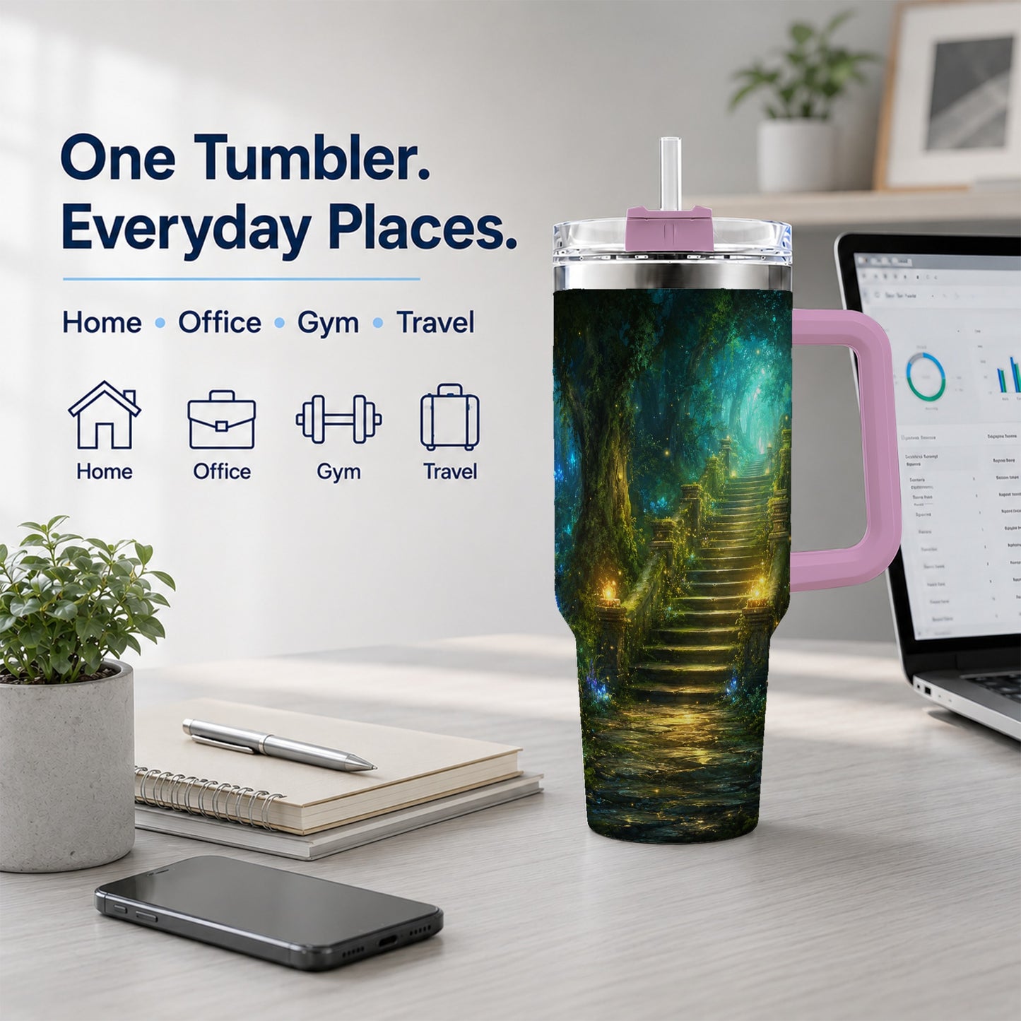 #pl[40oz|Pink] Enchanted Forest Stairway 40oz Tumbler with Handle, Fantasy Woodland Art