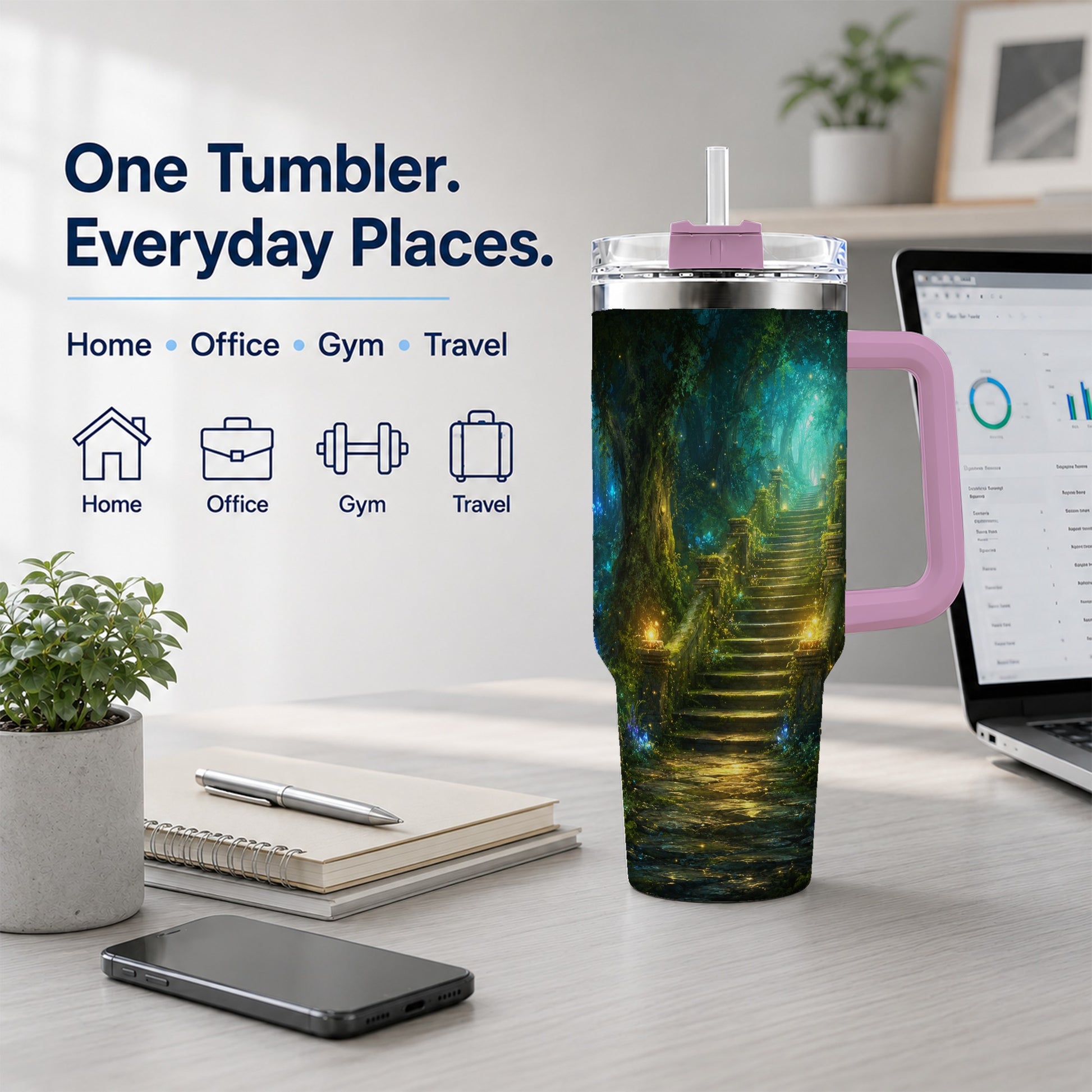 #pl[40oz|Pink] Enchanted Forest Stairway 40oz Tumbler with Handle, Fantasy Woodland Art
