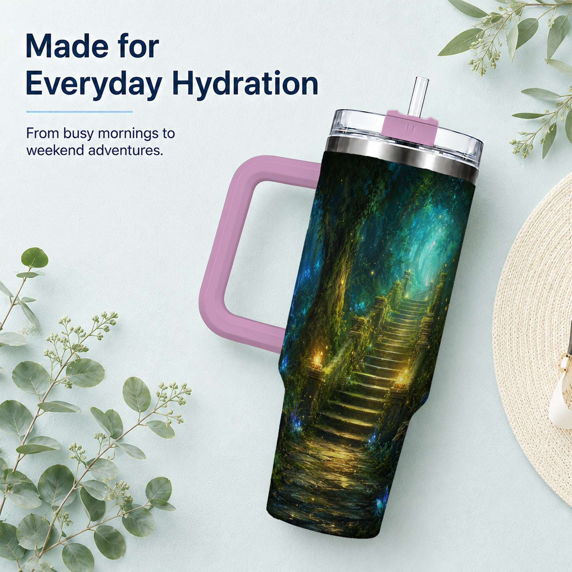 #pl[40oz|Pink] Enchanted Forest Stairway 40oz Tumbler with Handle, Fantasy Woodland Art