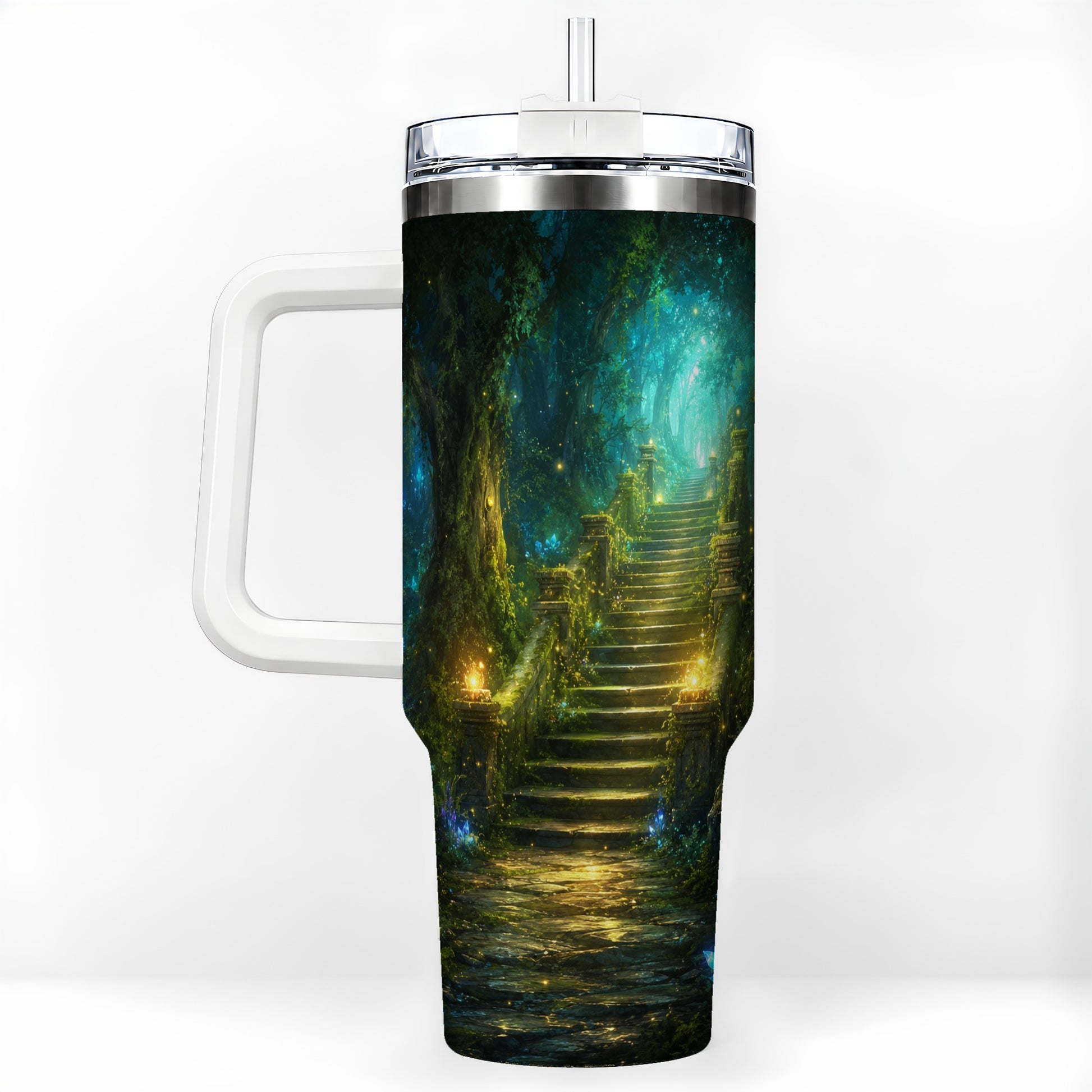Enchanted Forest Stairway 40oz Tumbler with Handle, Fantasy Woodland Art