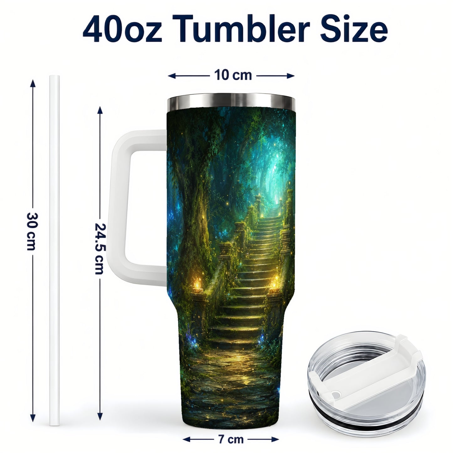 #pl[40oz|White] Enchanted Forest Stairway 40oz Tumbler with Handle, Fantasy Woodland Art