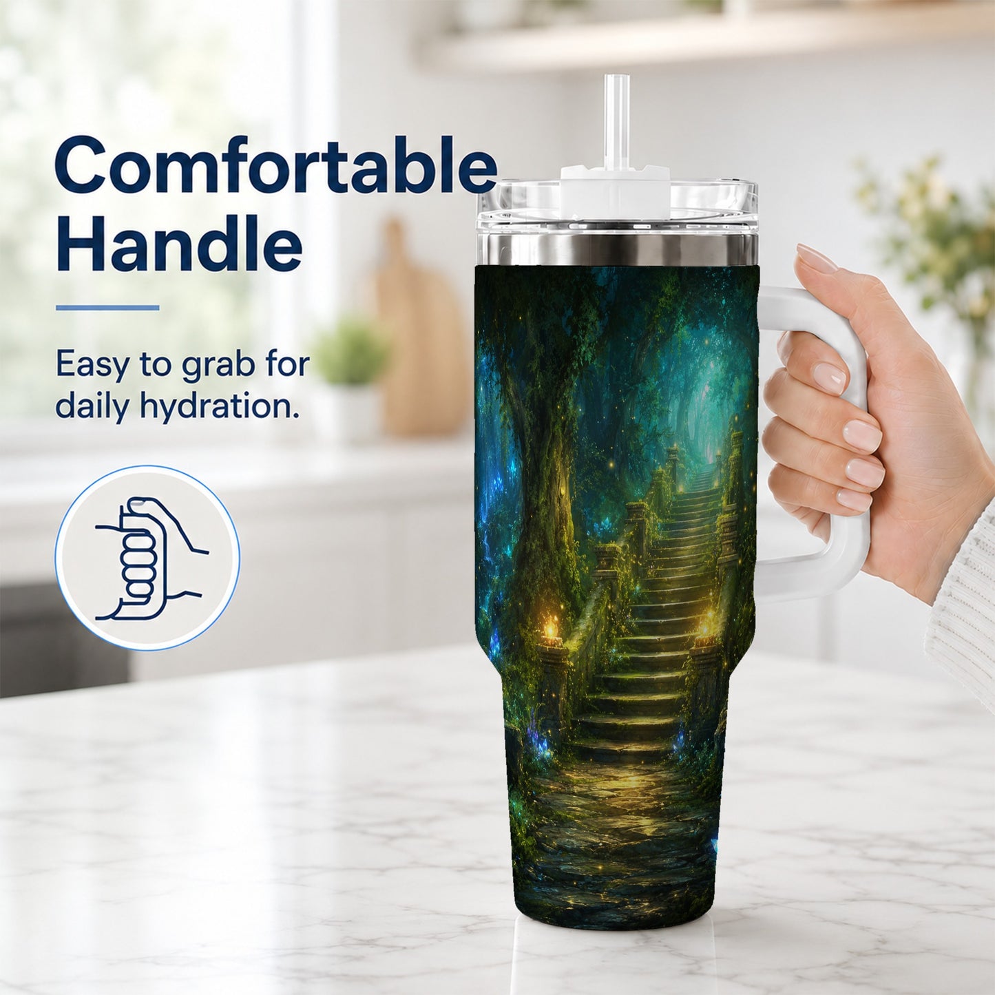 #pl[40oz|White] Enchanted Forest Stairway 40oz Tumbler with Handle, Fantasy Woodland Art