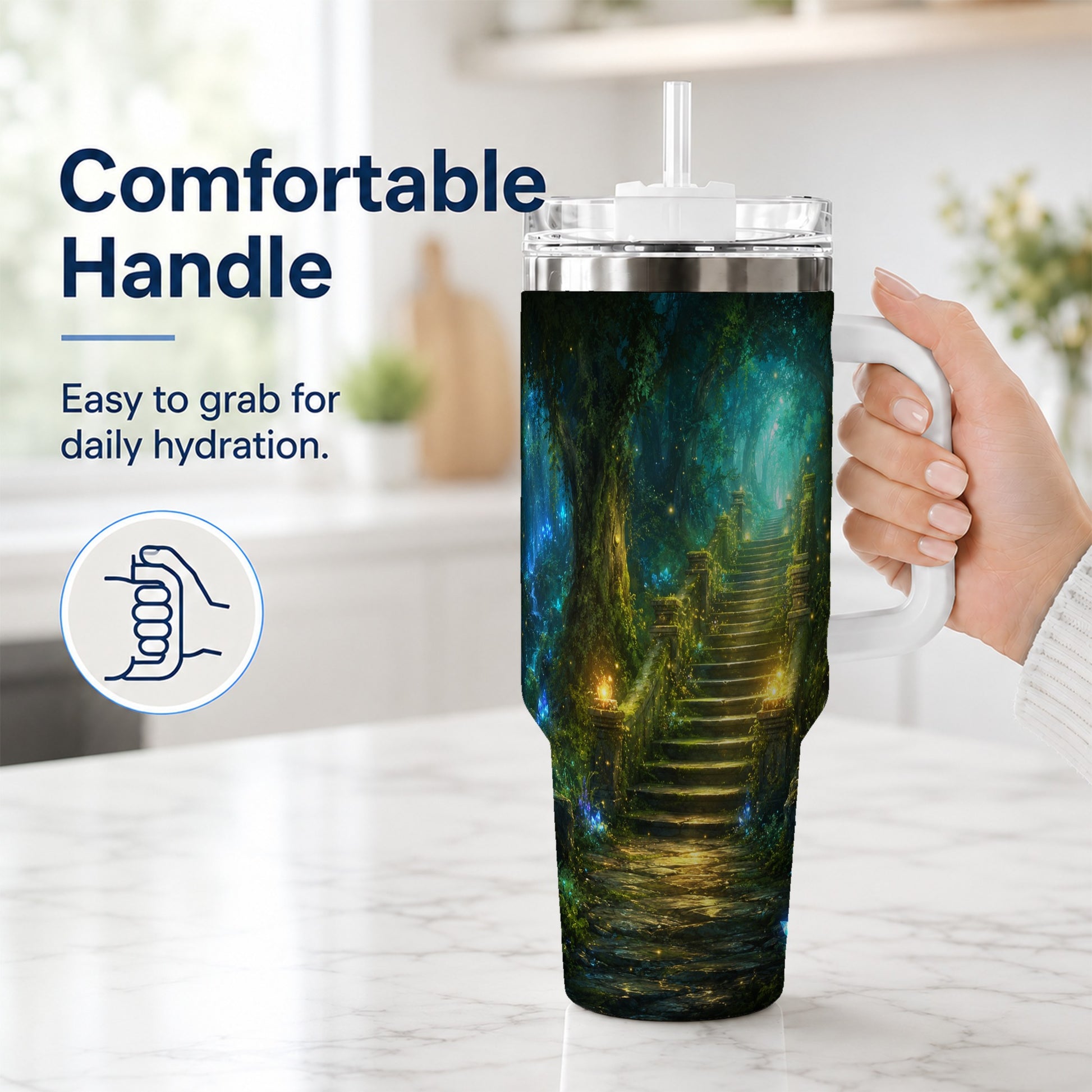 #pl[40oz|White] Enchanted Forest Stairway 40oz Tumbler with Handle, Fantasy Woodland Art